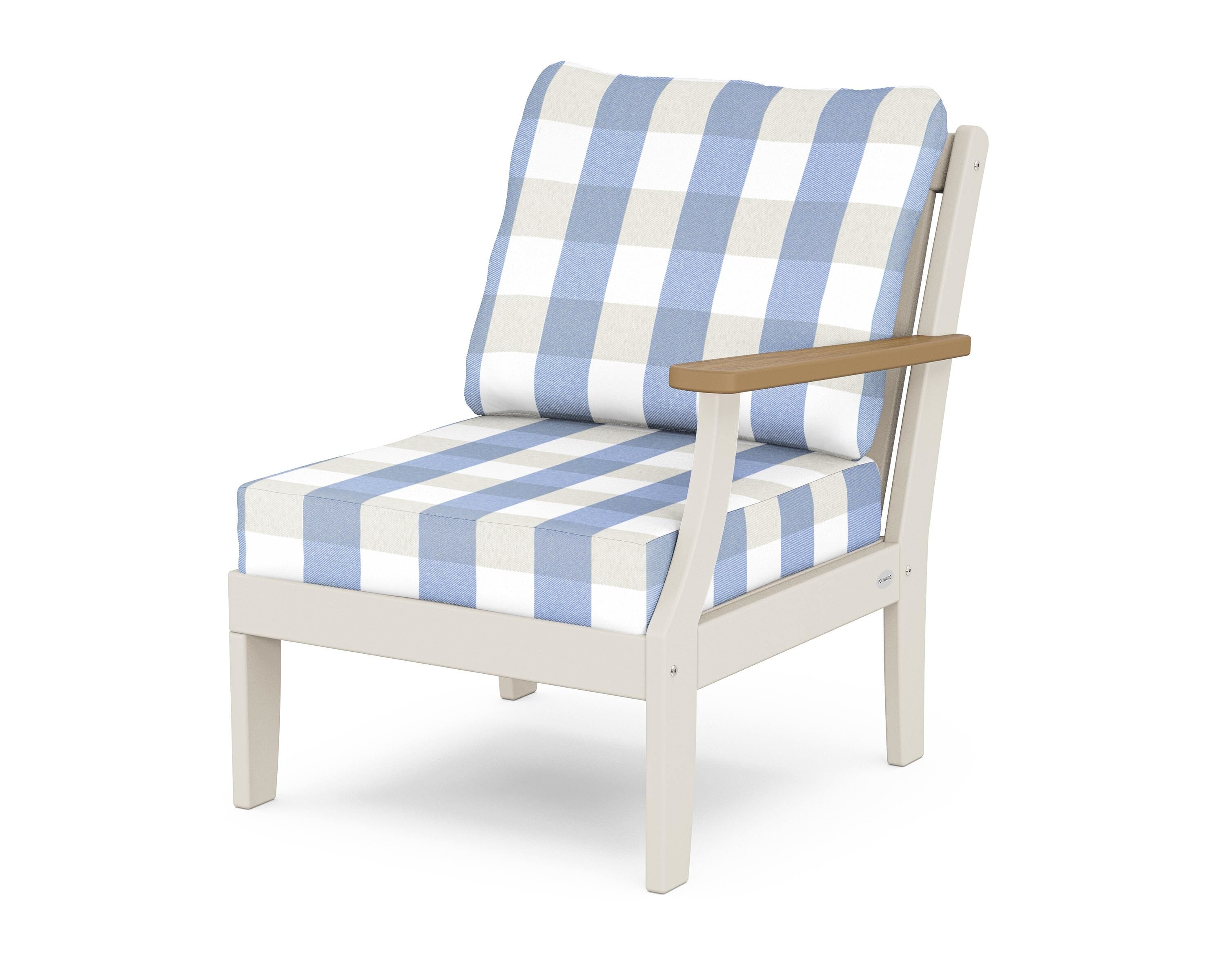 POLYWOOD® Braxton Modular Right Arm Chair in Sand / Natural / Buffalo Plaid Sky Blue