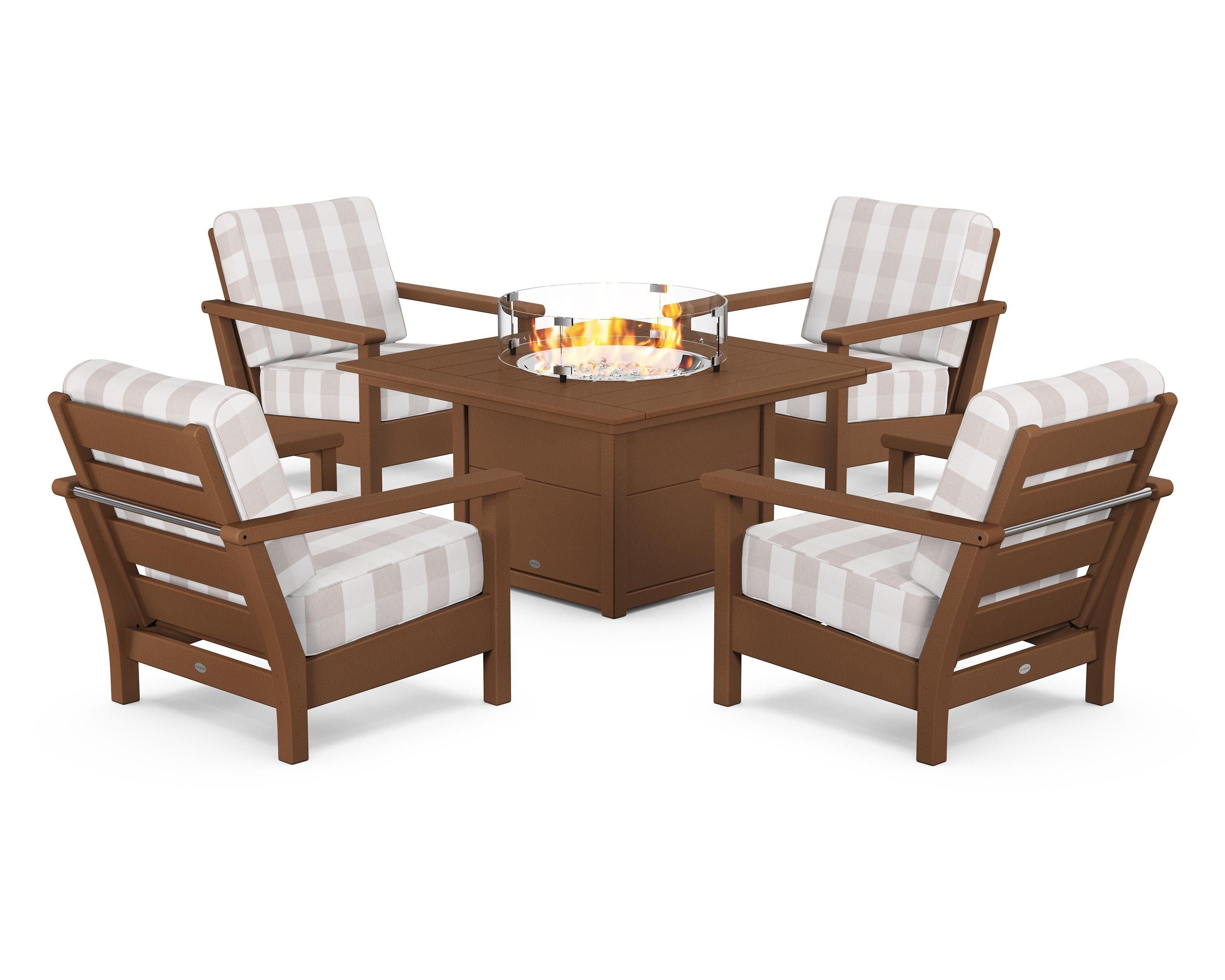 POLYWOOD® Harbour 5-Piece Conversation Set with Fire Pit Table in Teak / Buffalo Plaid Dune Burlap