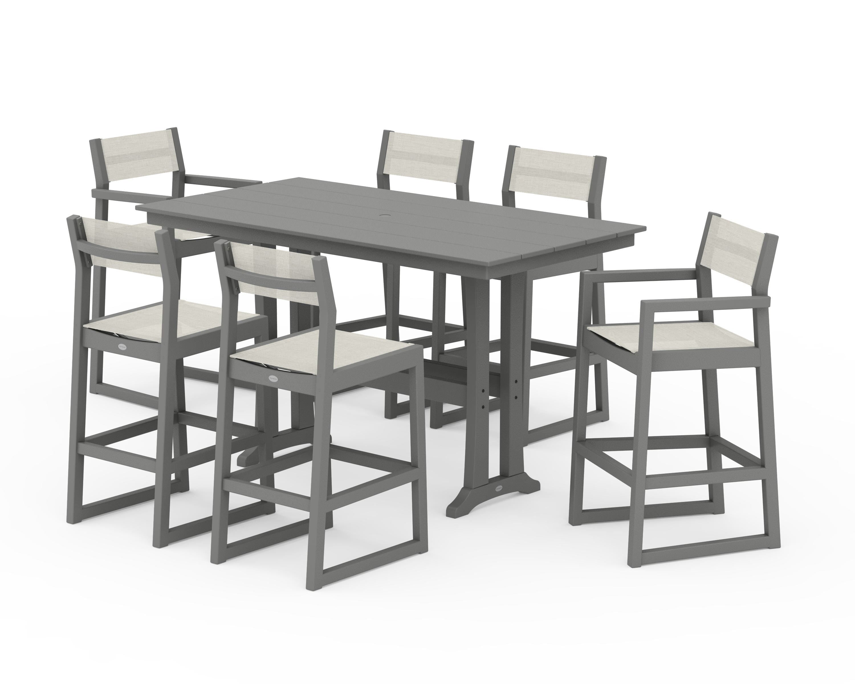 POLYWOOD® EDGE Sling 7-Piece Farmhouse Bar Set with Trestle Legs in Slate Grey / Parchment Sling