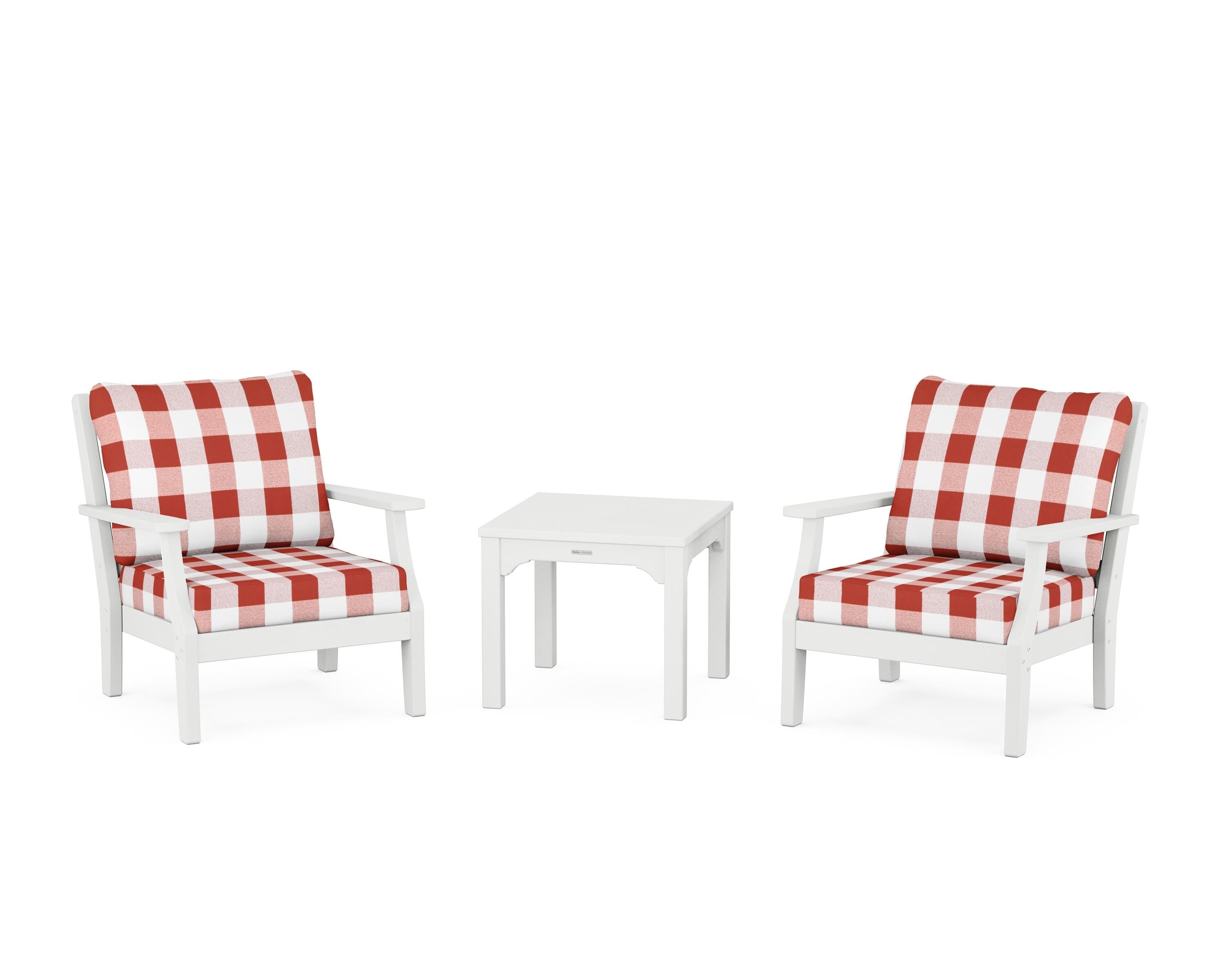 Martha Stewart by POLYWOOD® Chinoiserie 3-Piece Deep Seating Set in White / Buffalo Plaid Crimson