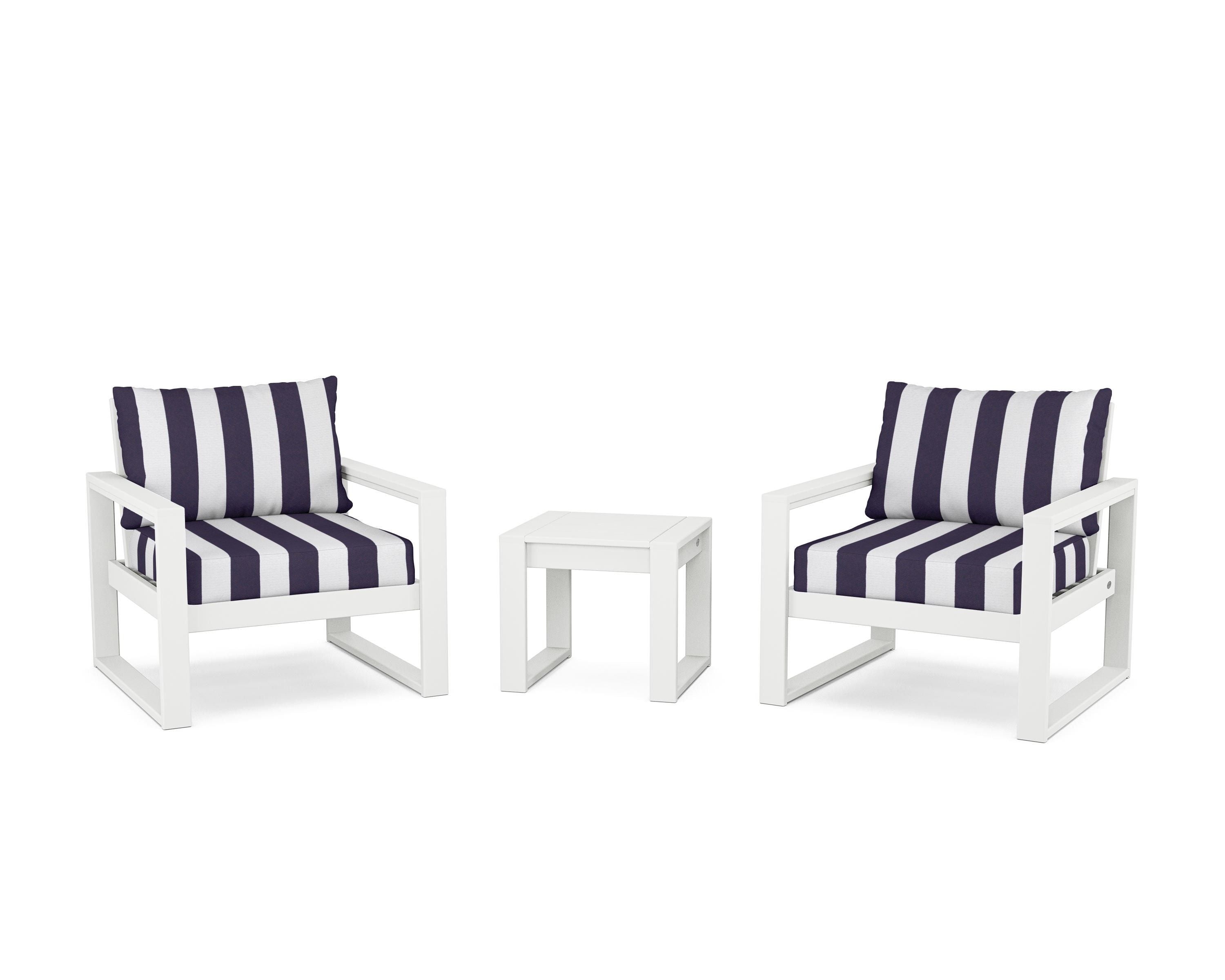 POLYWOOD® EDGE Sectional 3-Piece Deep Seating Set in White / Cabana Stripe Navy