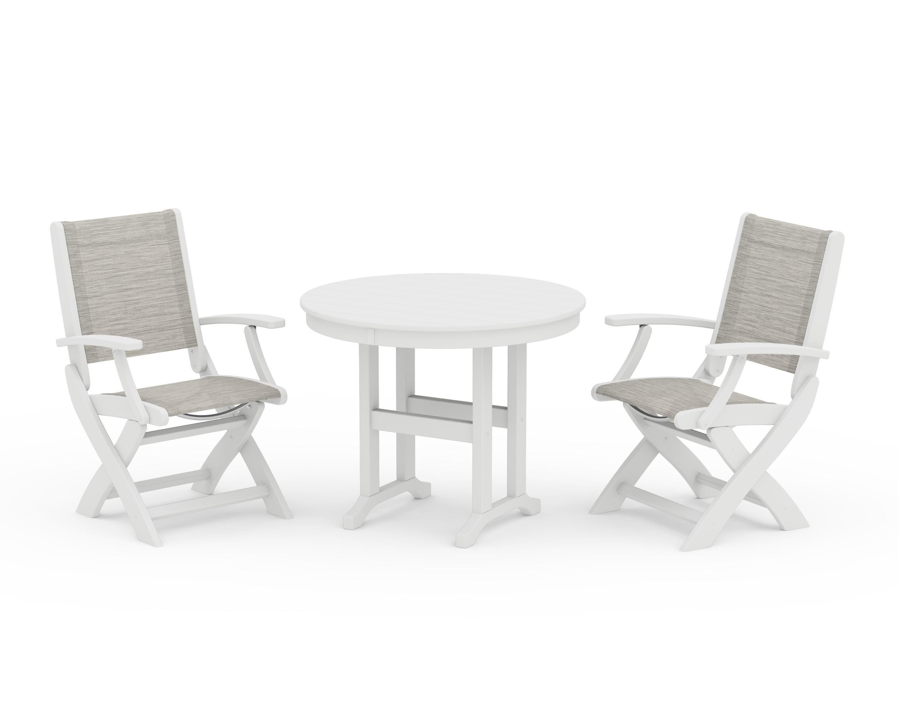POLYWOOD® Coastal Folding Chair 3-Piece Round Dining Set in White / Birch Sling