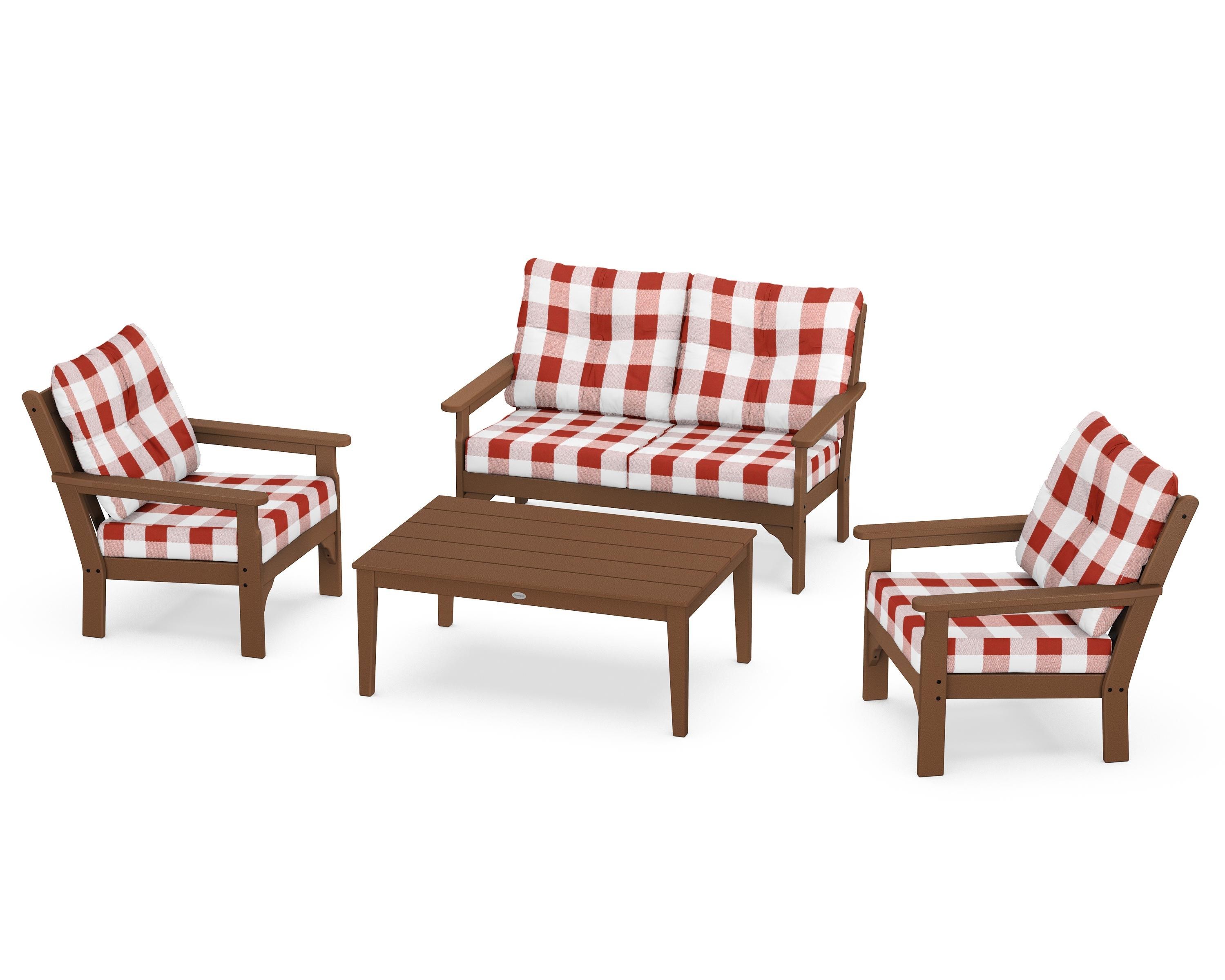 POLYWOOD® Vineyard 4-Piece Deep Seating Set in Teak / Buffalo Plaid Crimson