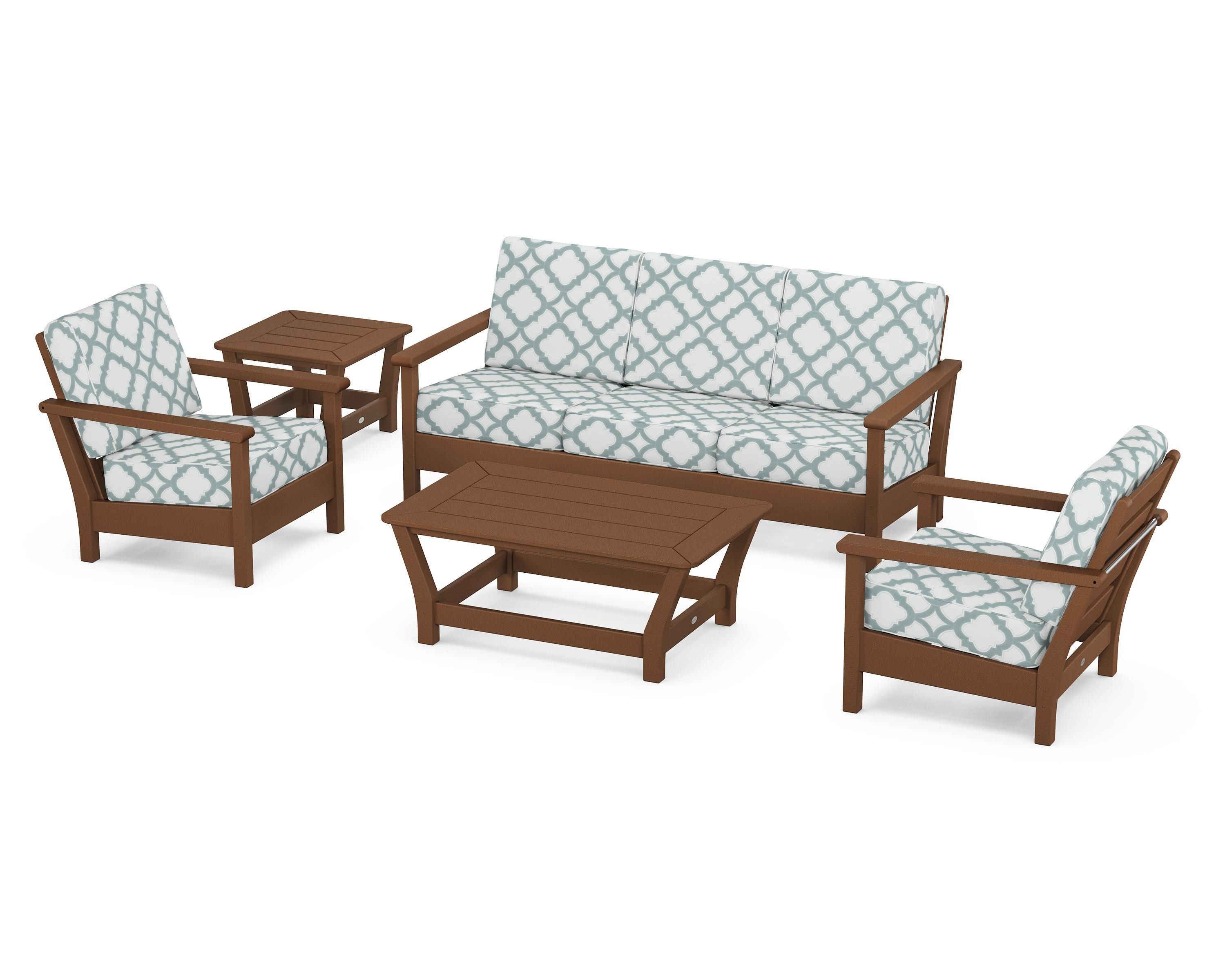 POLYWOOD® Harbour 5-Piece Deep Seating Set in Teak / Trellis Glacier Spa