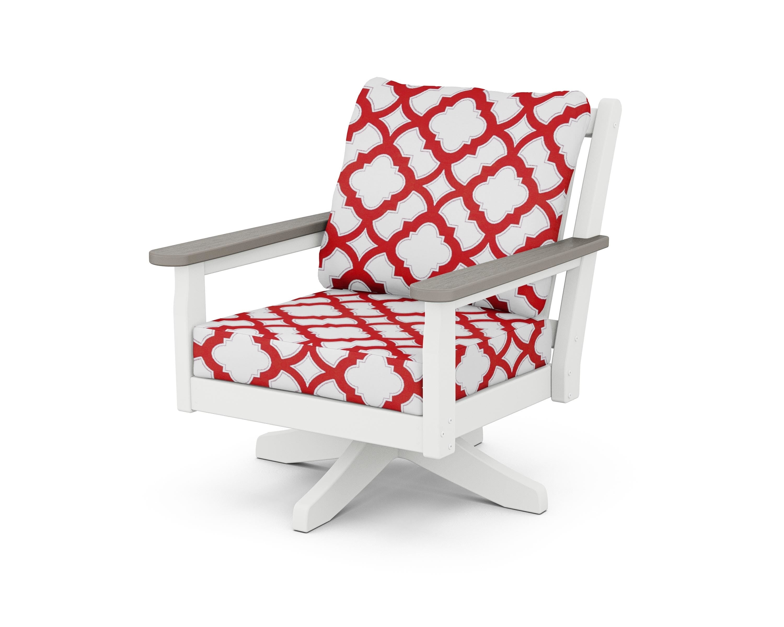 POLYWOOD® Chippendale Deep Seating Swivel Chair in White / Driftwood / Trellis Crimson