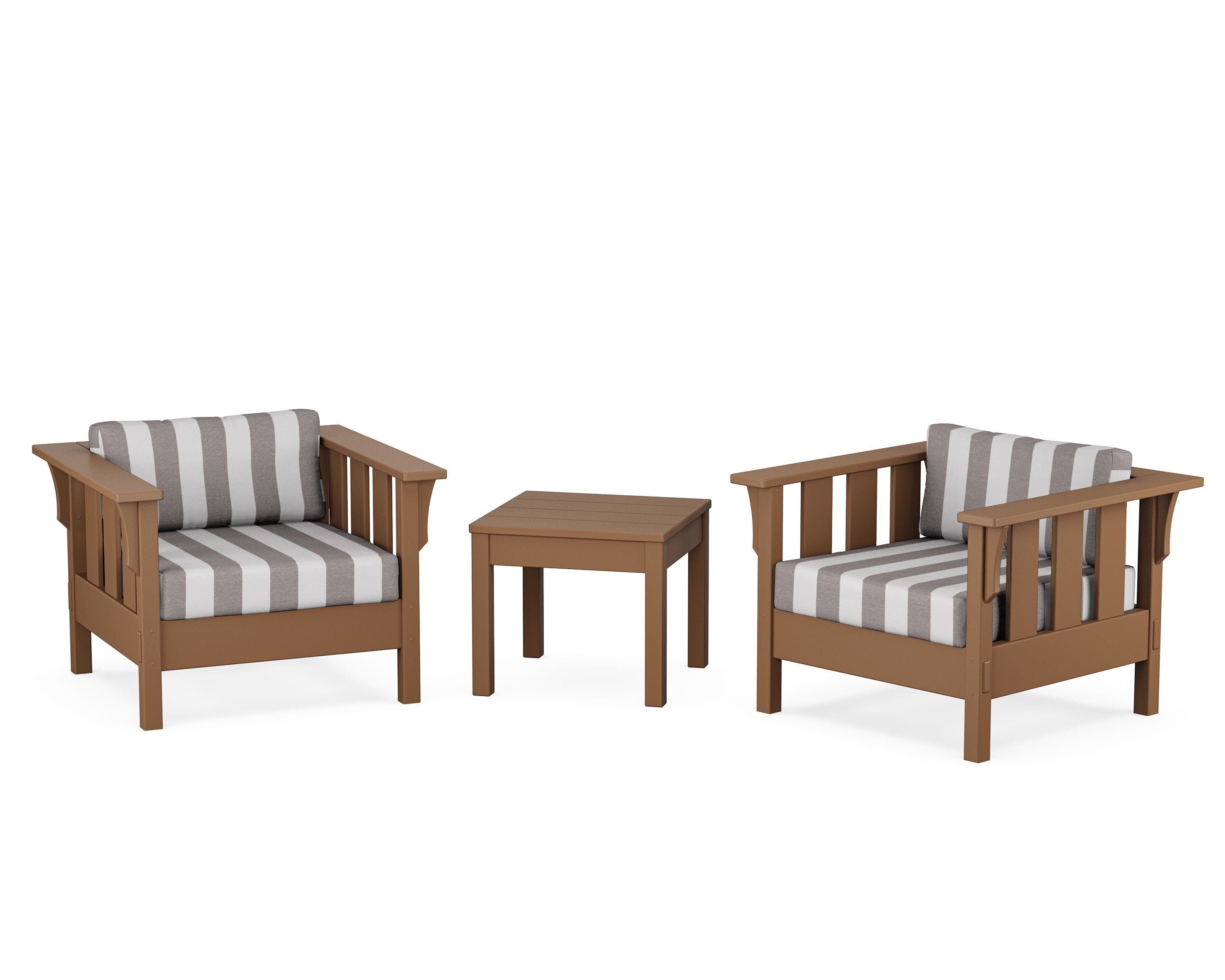 Martha Stewart by POLYWOOD® Acadia 3-Piece Deep Seating Set in Teak / Cabana Stripe Grey Mist