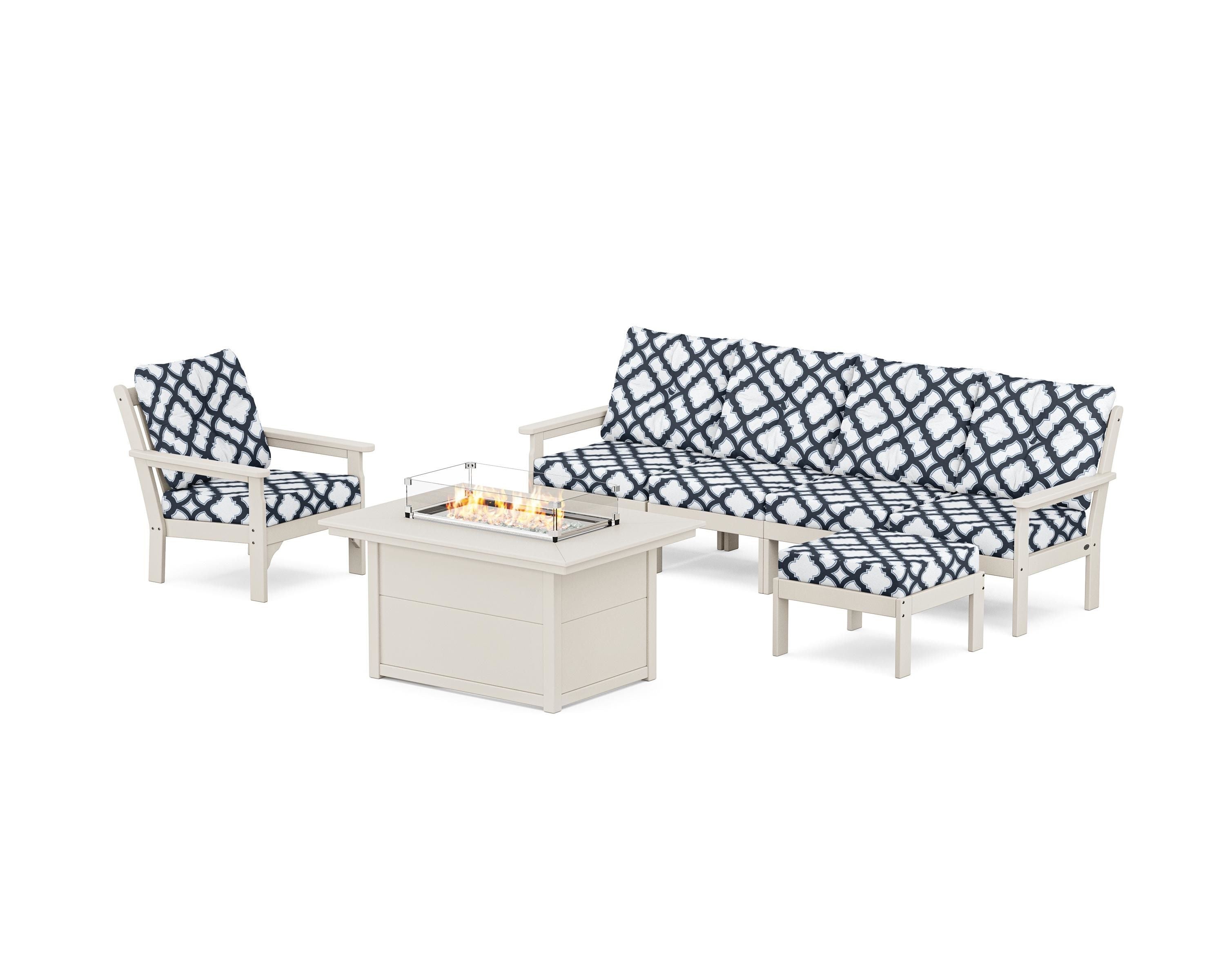 POLYWOOD® Vineyard Sectional Lounge and Fire Pit Set in Sand / Trellis Marine Indigo