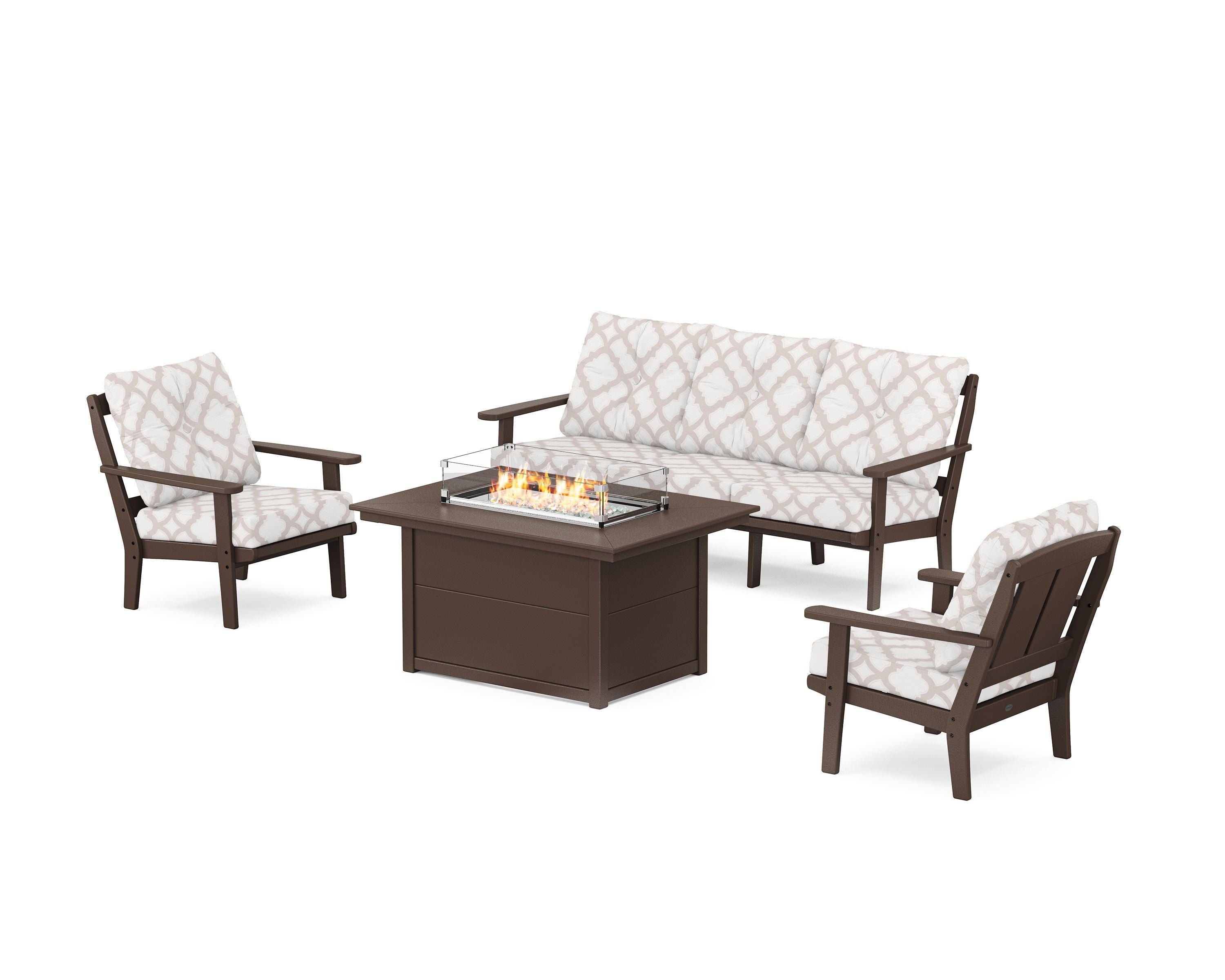 POLYWOOD® Mission Deep Seating Fire Pit Table Set in Mahogany / Trellis Dune Burlap