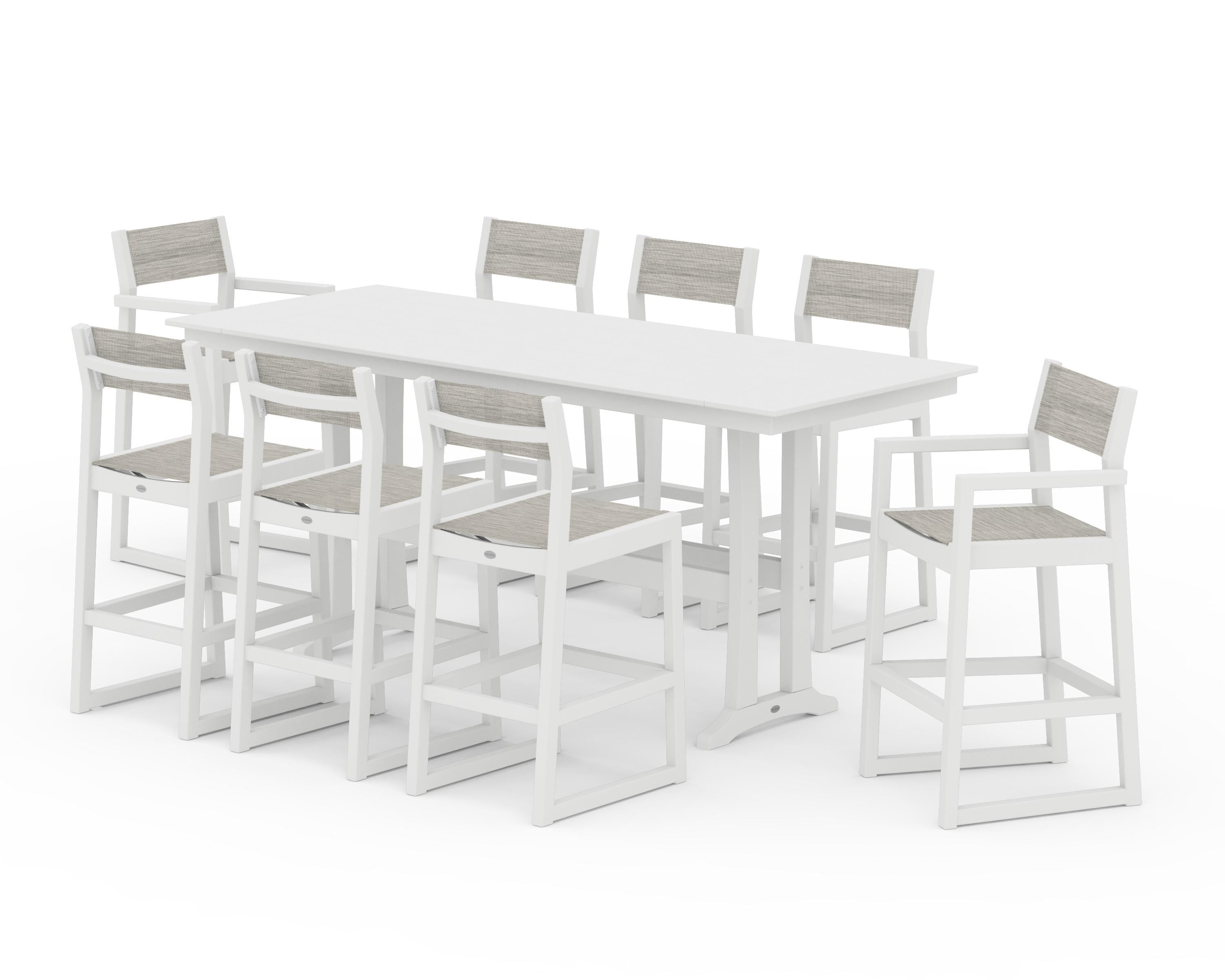 POLYWOOD® EDGE Sling 9-Piece Farmhouse Bar Set with Trestle Legs in White / Birch Sling