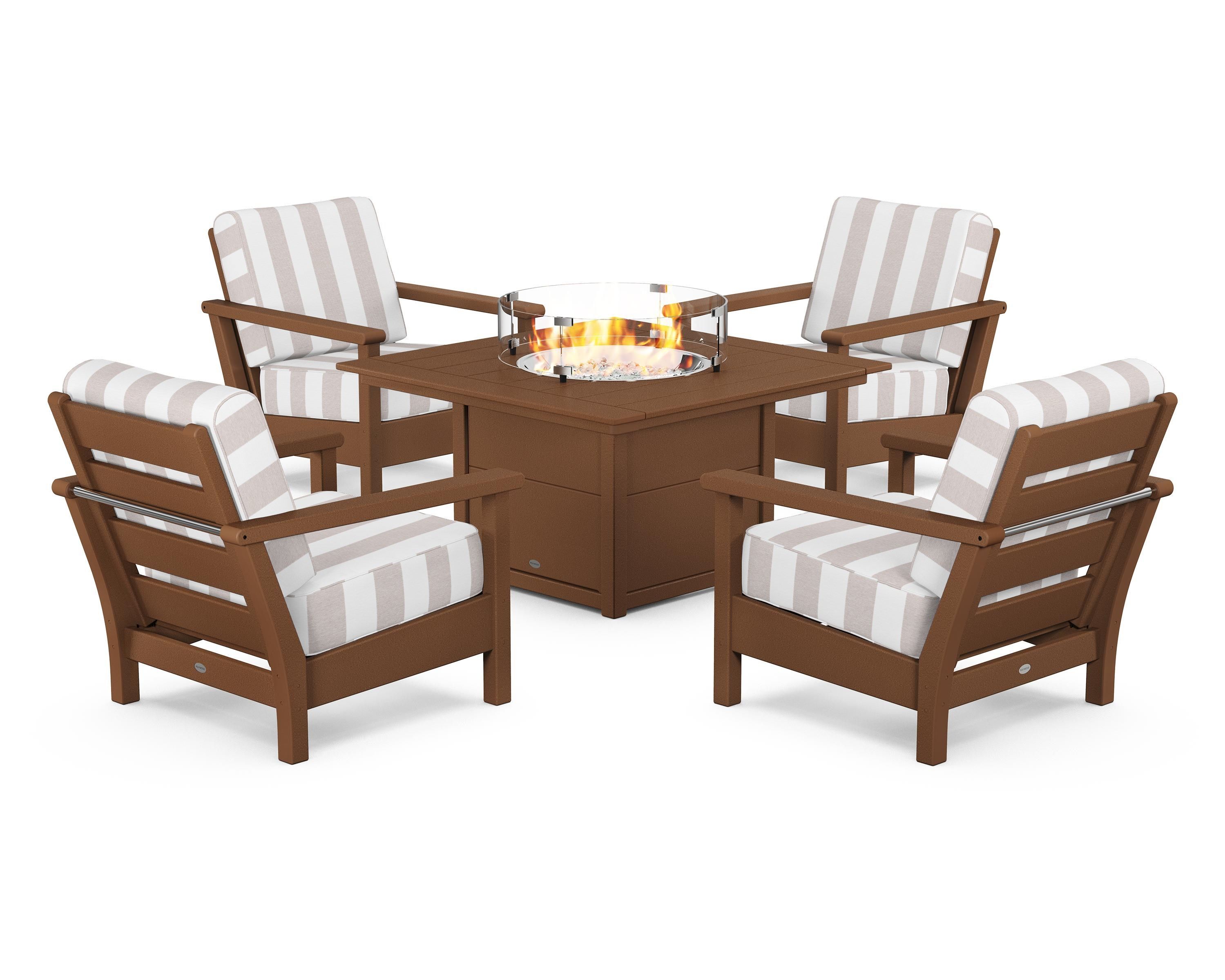 POLYWOOD® Harbour 5-Piece Conversation Set with Fire Pit Table in Teak / Cabana Stripe Dune Burlap