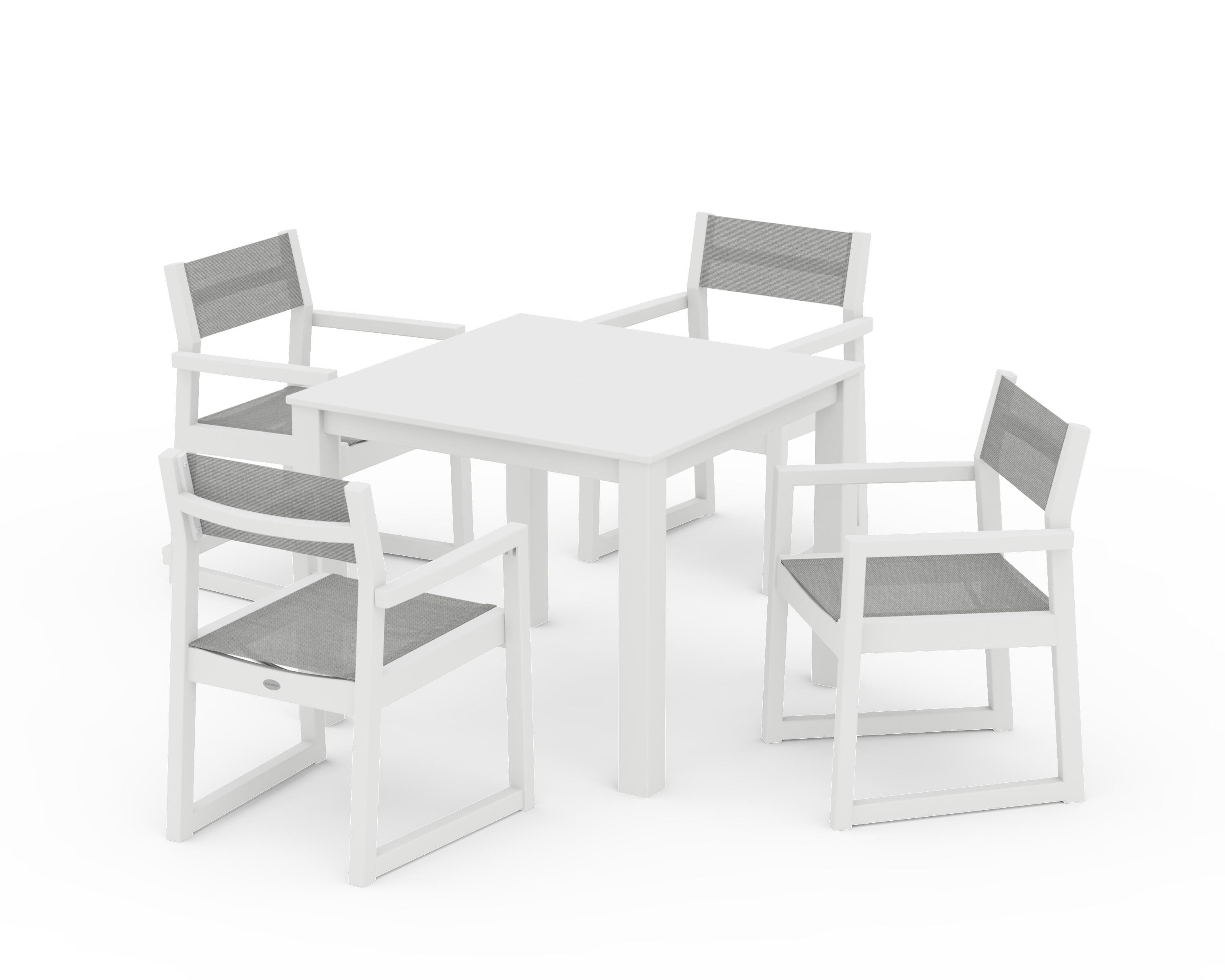 POLYWOOD® EDGE Sling Arm Chair 5-Piece Parsons Dining Set in White / Metallic Sling