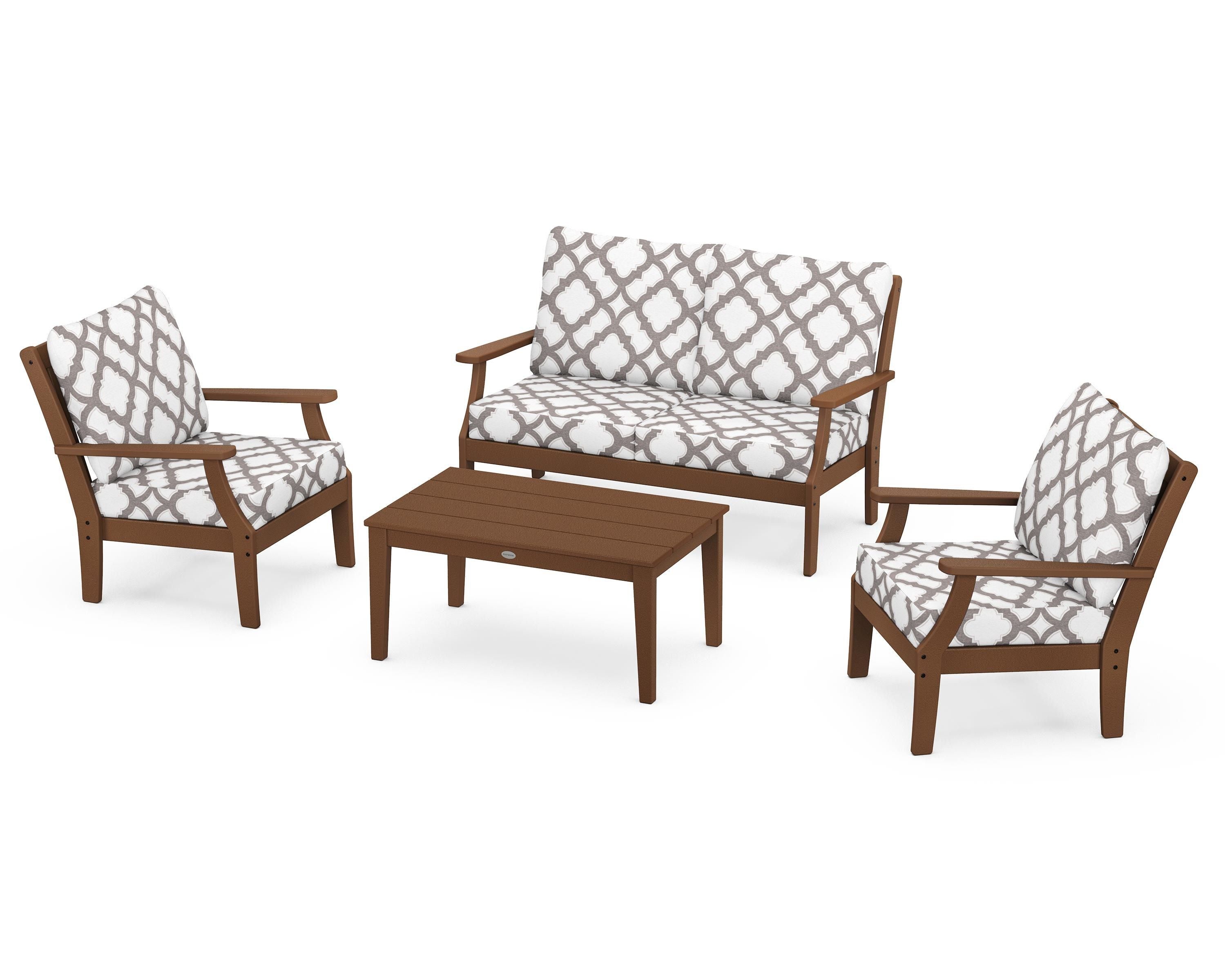 POLYWOOD® Braxton 4-Piece Deep Seating Chair Set in Teak / Trellis Grey Mist