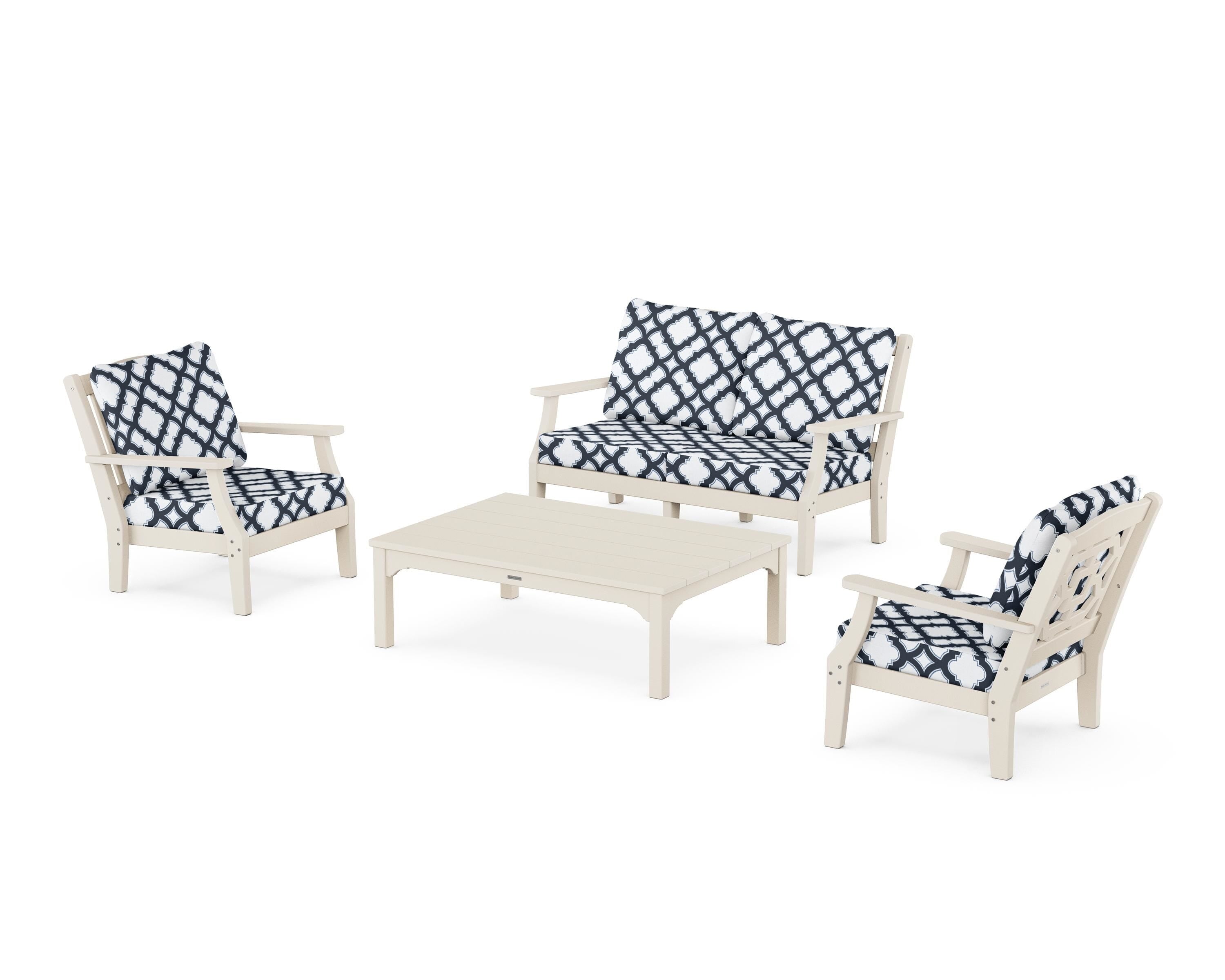 Martha Stewart by POLYWOOD® Chinoiserie 4-Piece Deep Seating Set with Loveseat in Sand / Trellis Marine Indigo