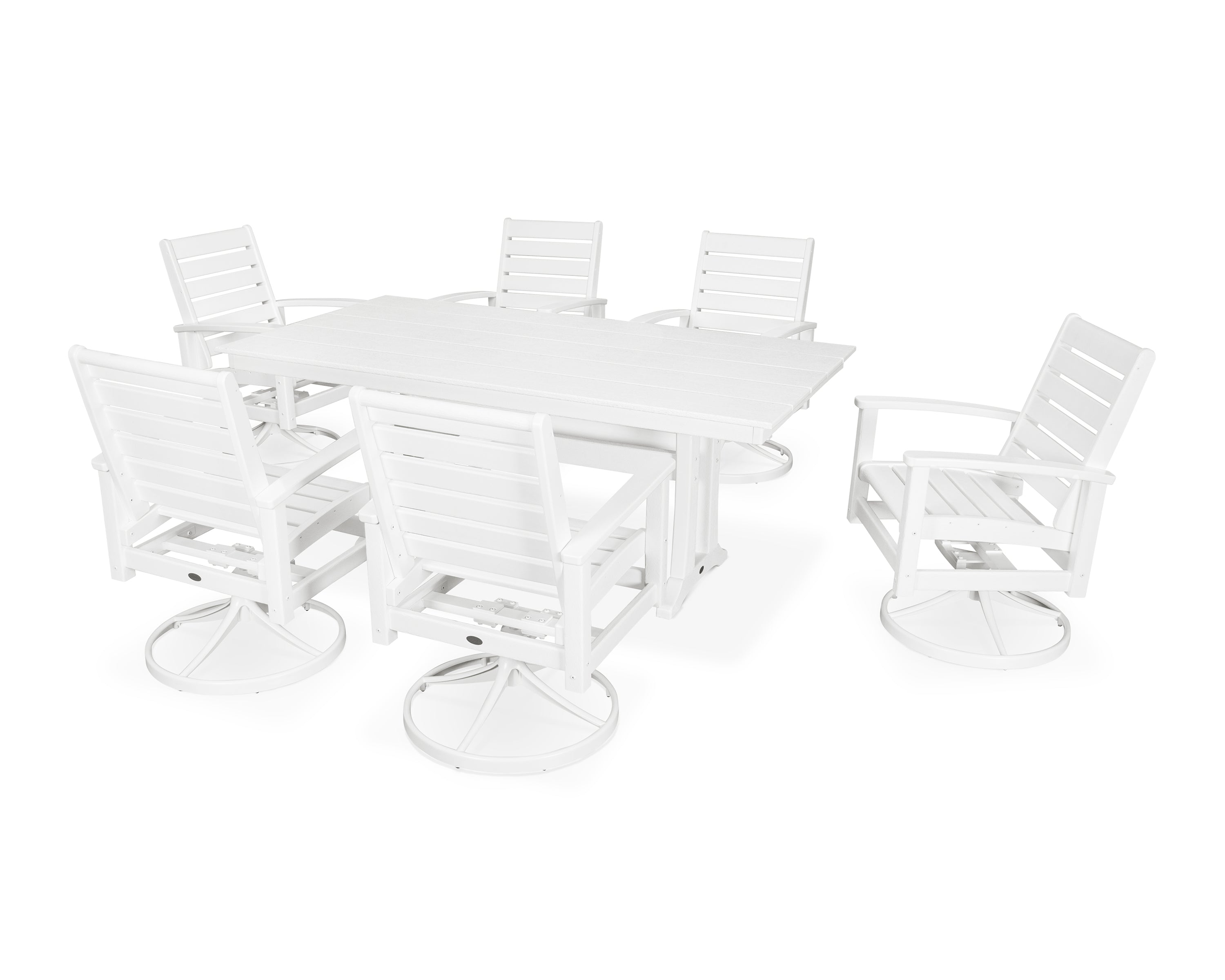 POLYWOOD® 7 Piece Signature Swivel Rocker Dining Set in Satin White / White