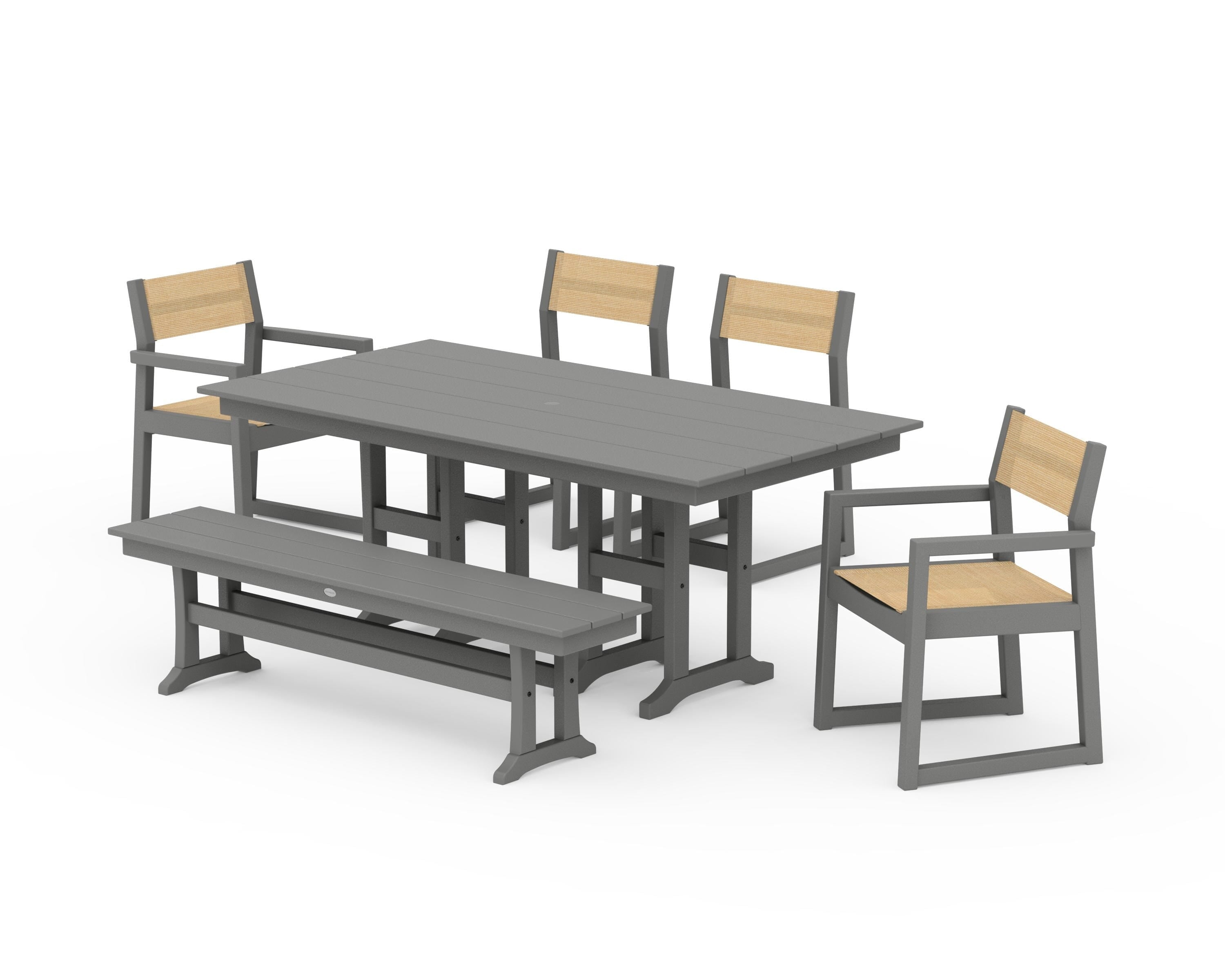POLYWOOD® EDGE Sling 6-Piece Farmhouse Dining Set in Slate Grey / Dupioni Apricot Sling