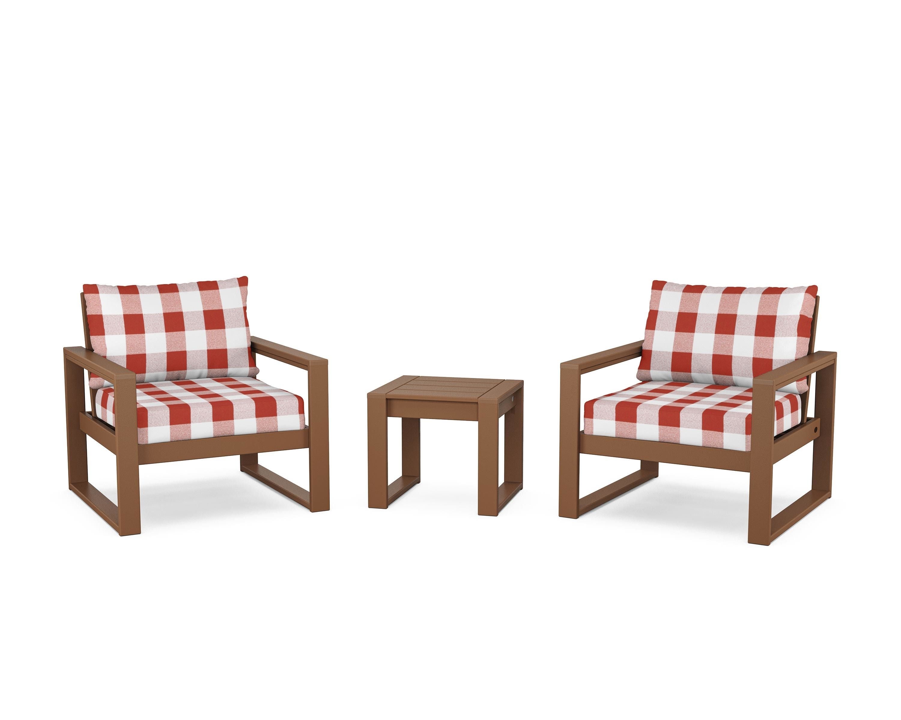 POLYWOOD® EDGE Sectional 3-Piece Deep Seating Set in Teak / Buffalo Plaid Crimson