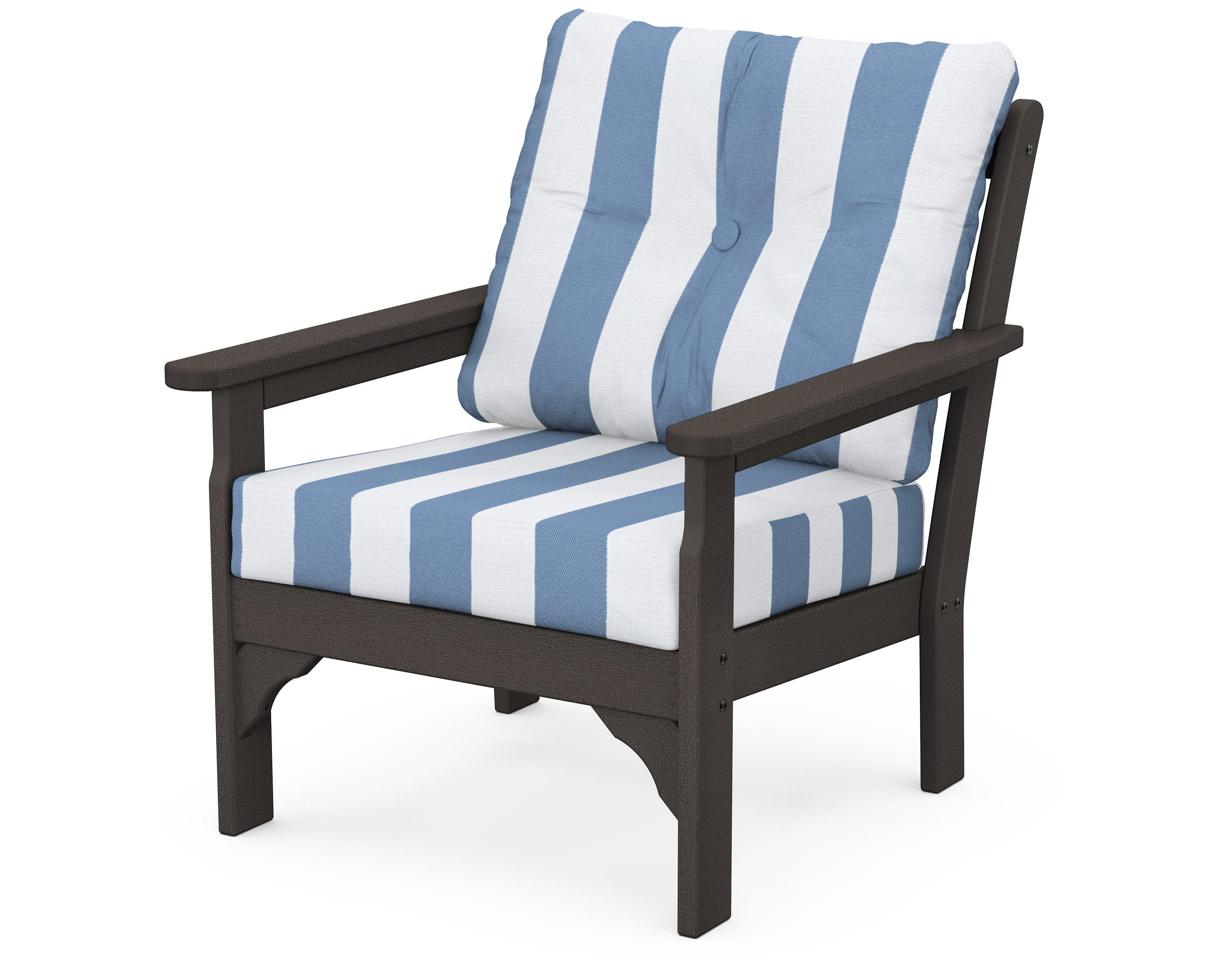 POLYWOOD® Vineyard Deep Seating Chair in Vintage Coffee / Cabana Stripe Sky Blue