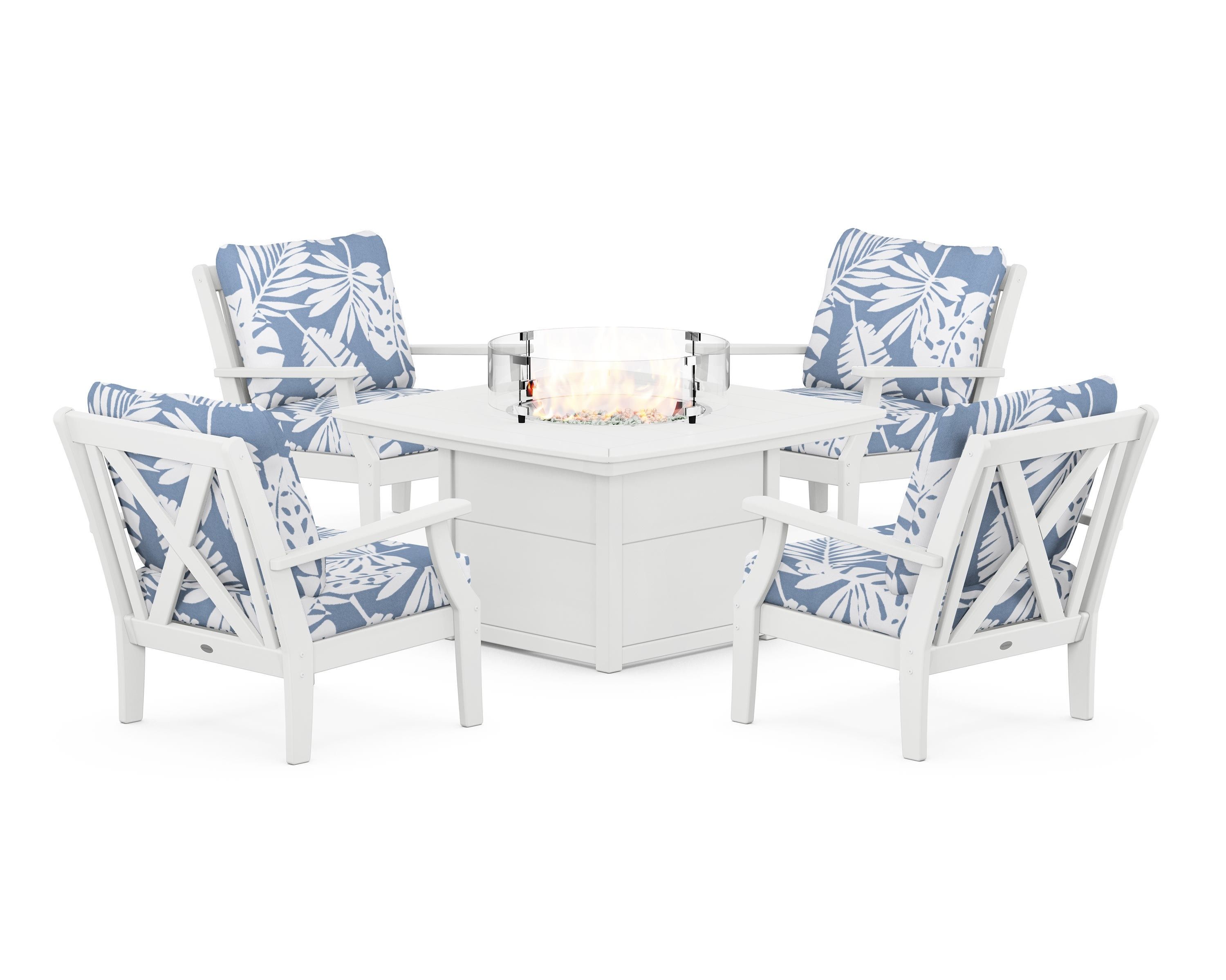 POLYWOOD® Braxton 5-Piece Deep Seating Conversation Set with Fire Pit Table in White / Leaf Sky Blue