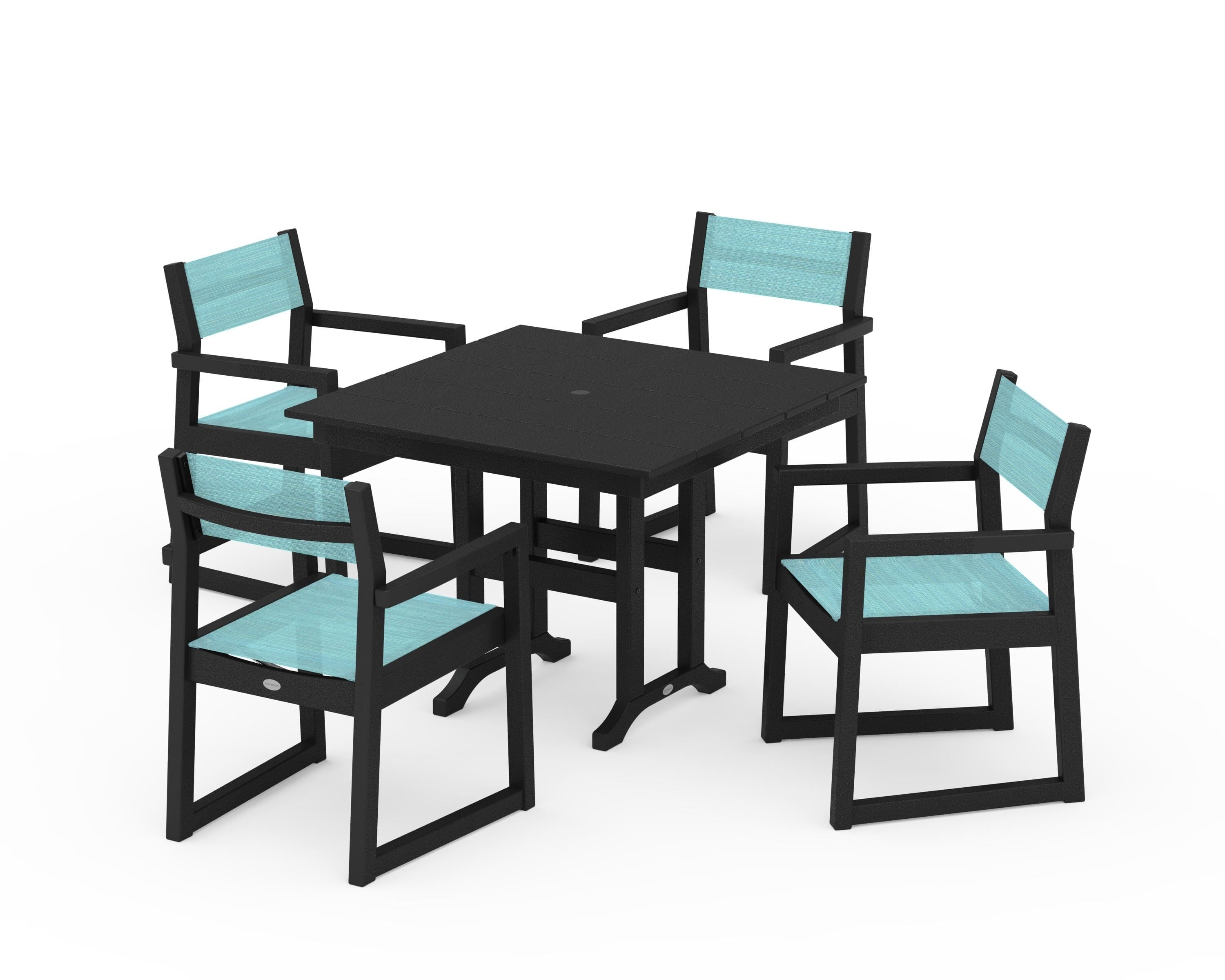 POLYWOOD® EDGE Sling Arm Chair 5-Piece Farmhouse Dining Set in Black / Dupioni Aquamarine Sling