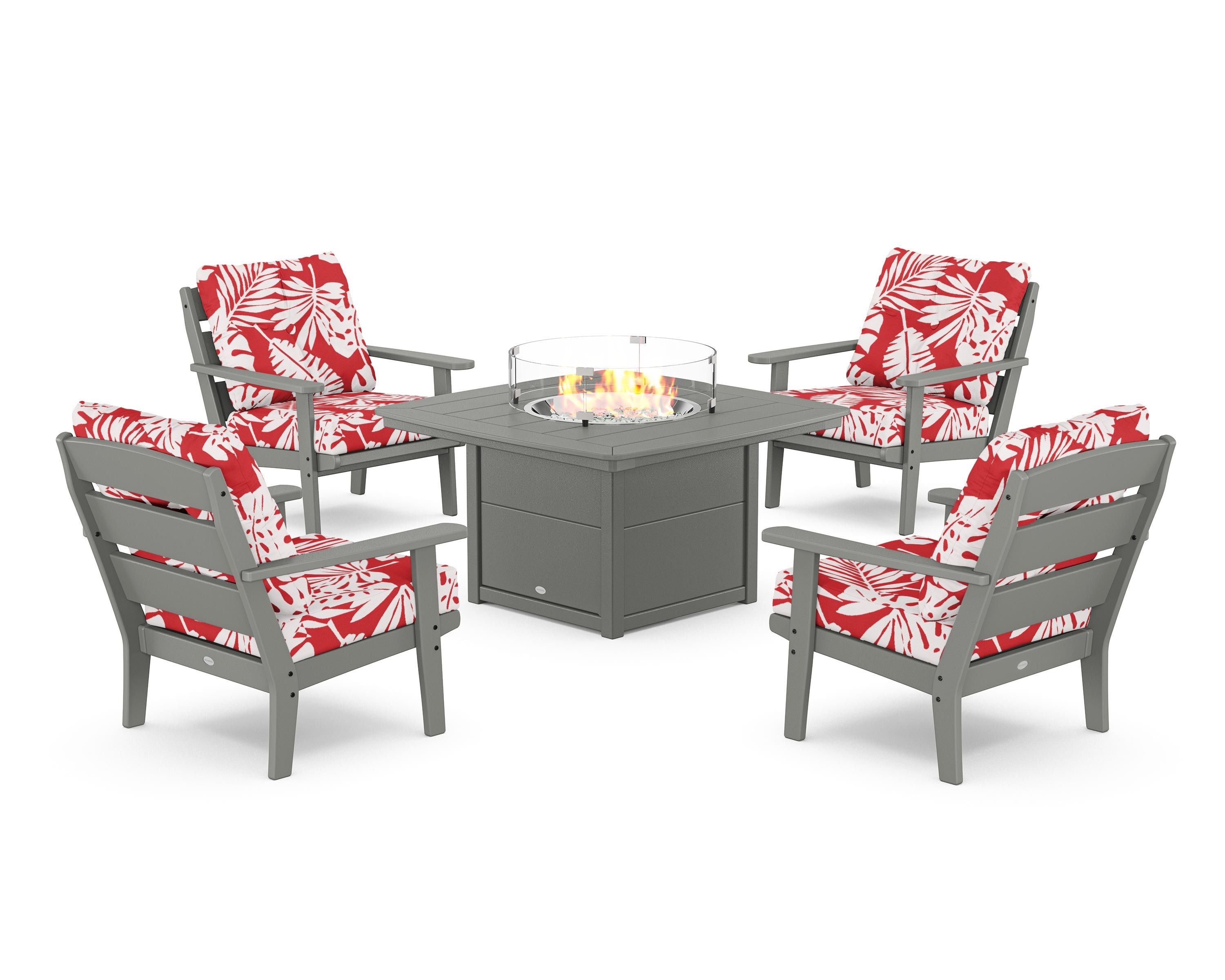 POLYWOOD® Lakeside 5-Piece Deep Seating Set with Nautical Fire Pit Table in Slate Grey / Leaf Crimson