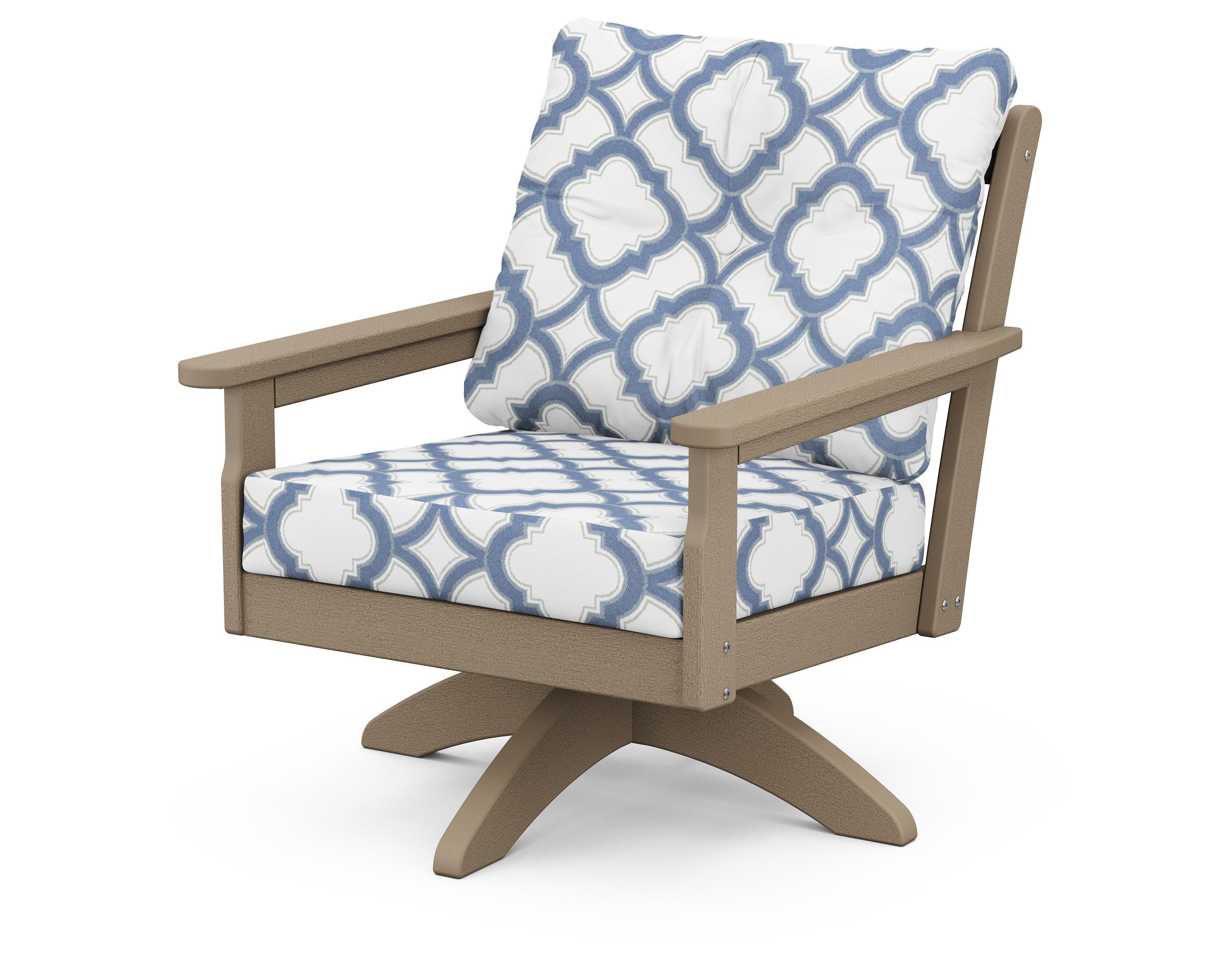 POLYWOOD® Vineyard Deep Seating Swivel Chair in Vintage Sahara / Trellis Sky Blue