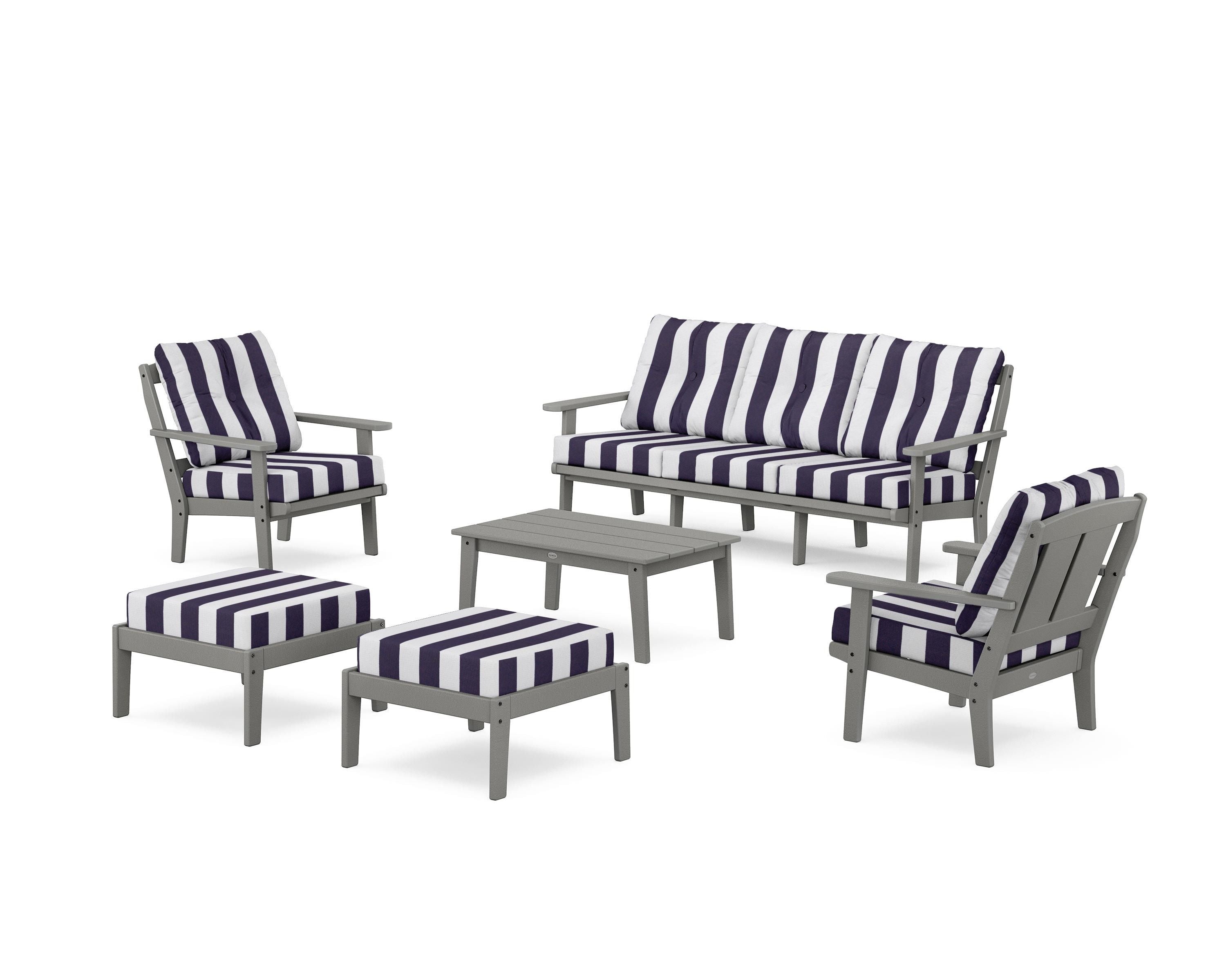 POLYWOOD® Mission 6-Piece Lounge Sofa Set in Slate Grey / Cabana Stripe Navy