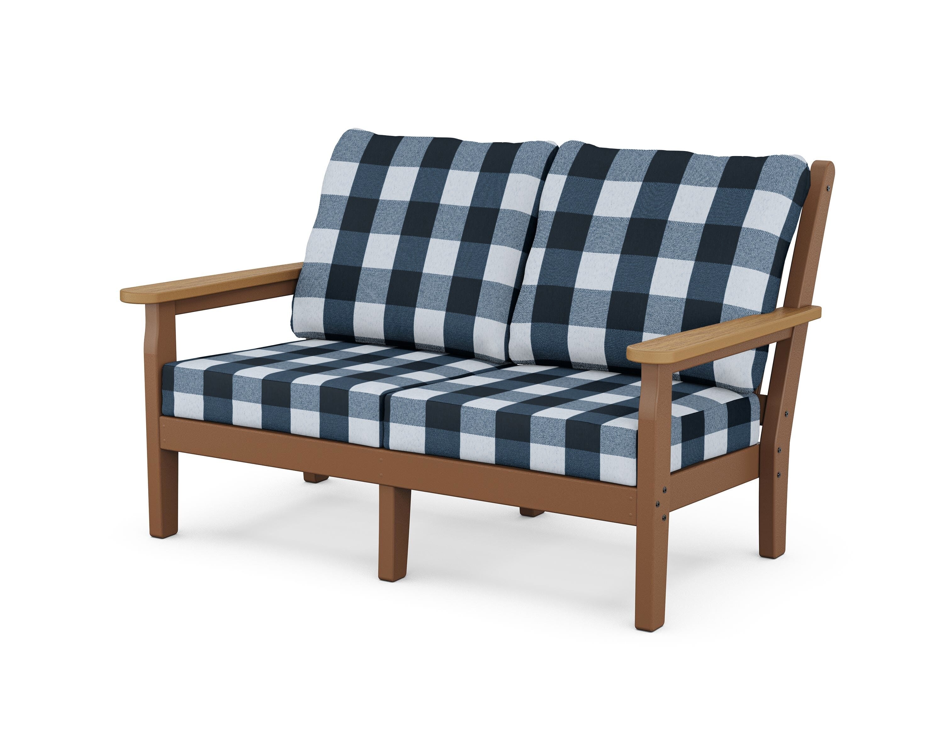 POLYWOOD® Chippendale Deep Seating Loveseat in Teak / Natural / Buffalo Plaid Marine Indigo
