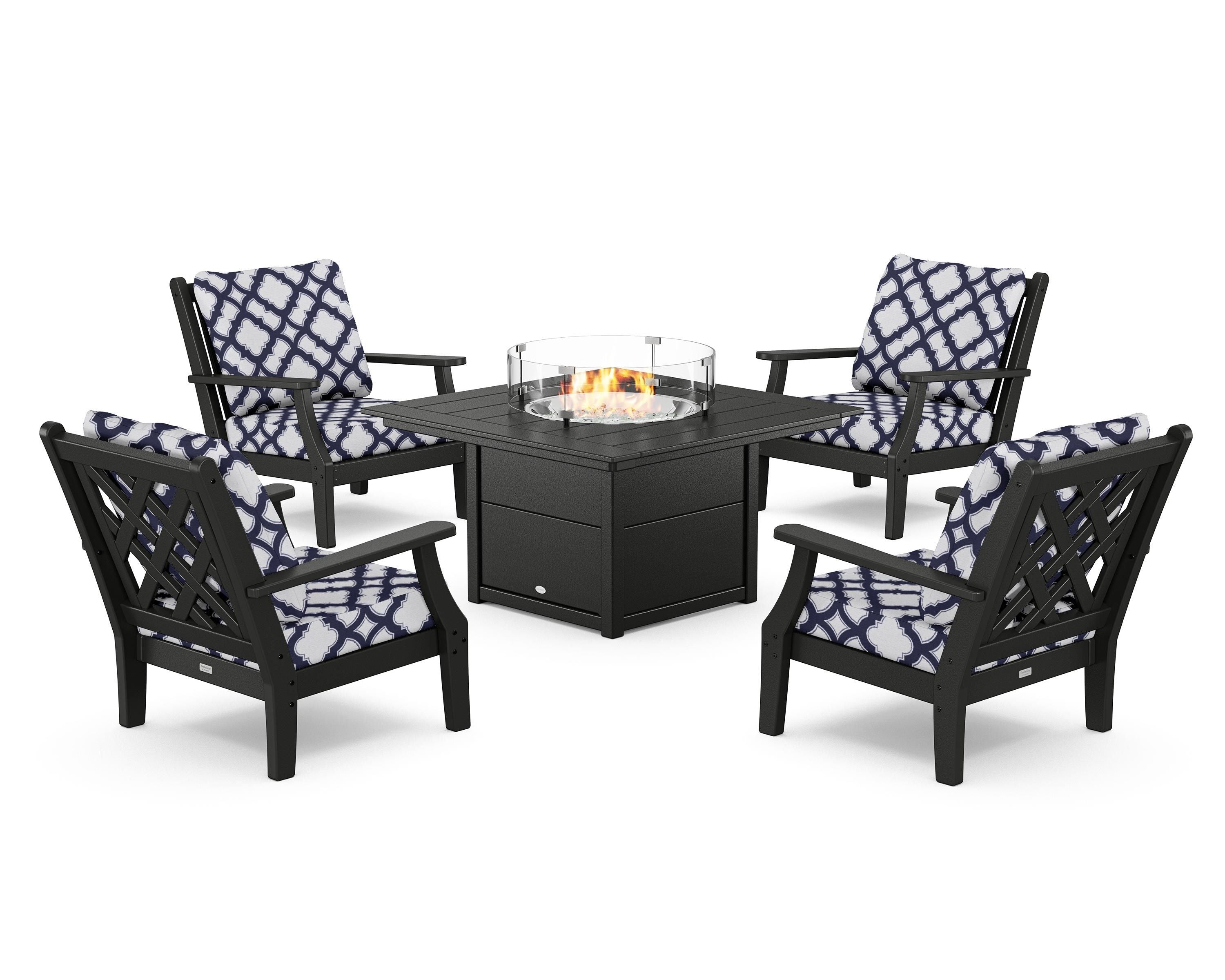 Country Living Wovendale 5-Piece Deep Seating Set with Fire Pit Table in Black / Trellis Navy