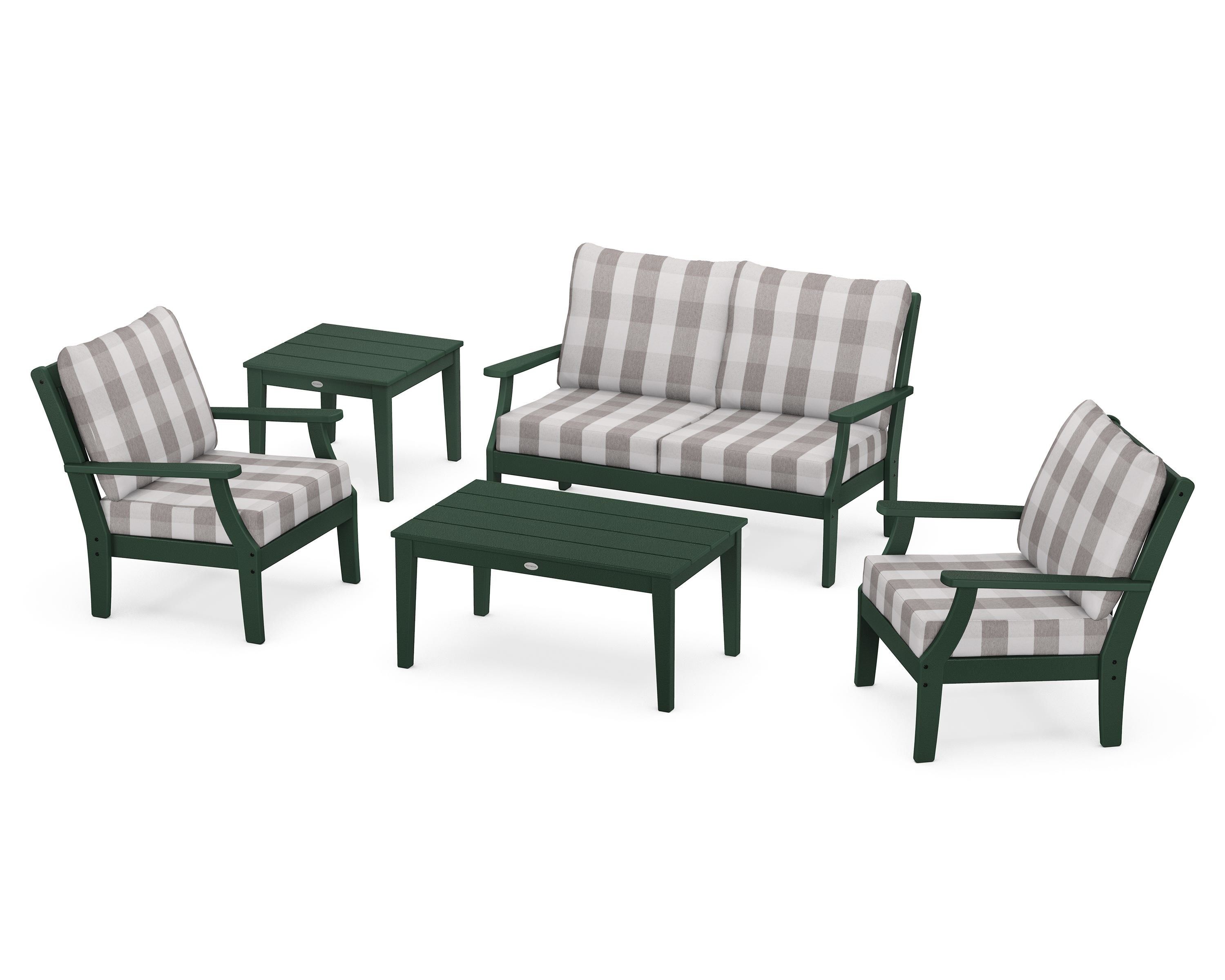 POLYWOOD® Braxton 5-Piece Deep Seating Set in Green / Buffalo Plaid Grey Mist