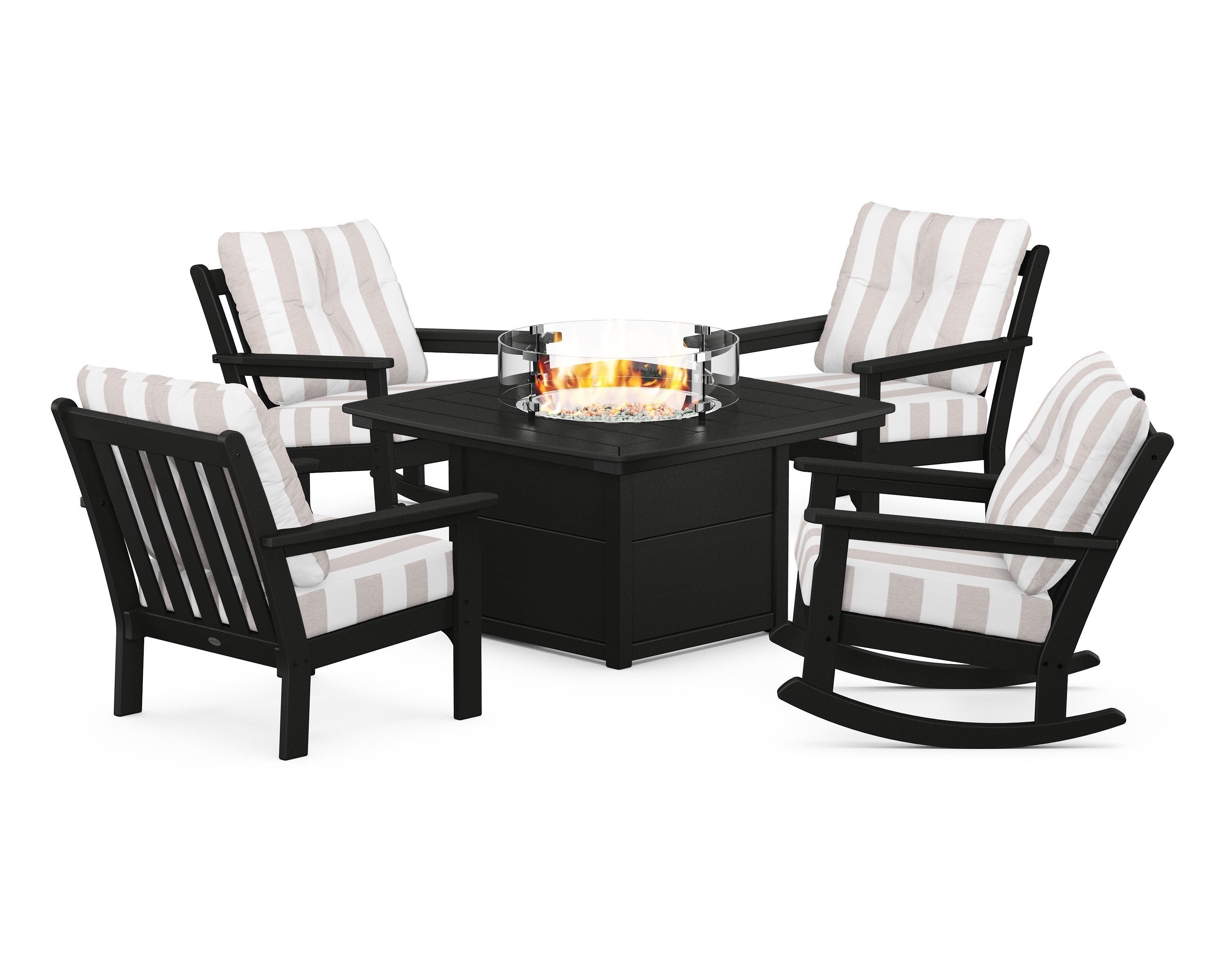 POLYWOOD® Vineyard 5-Piece Deep Seating Rocking Chair Conversation Set with Fire Pit Table in Black / Cabana Stripe Dune Burlap