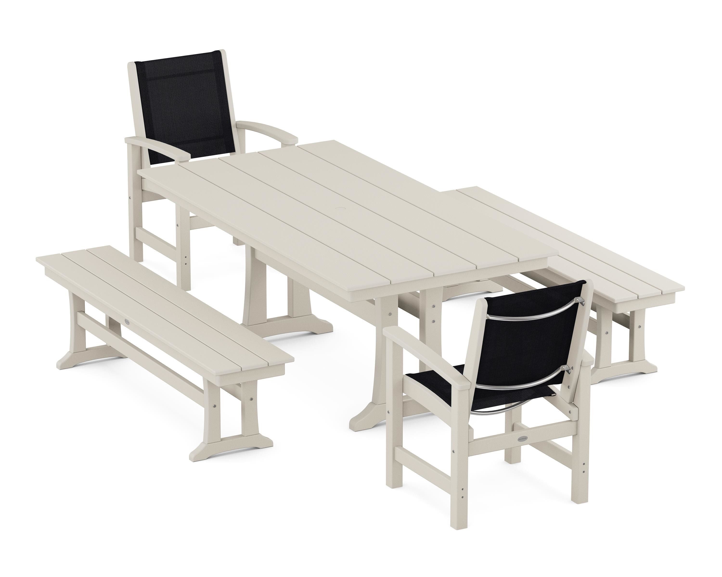 POLYWOOD® Coastal 5-Piece Farmhouse Dining Set with Trestle Legs and Benches in Sand / Black Sling