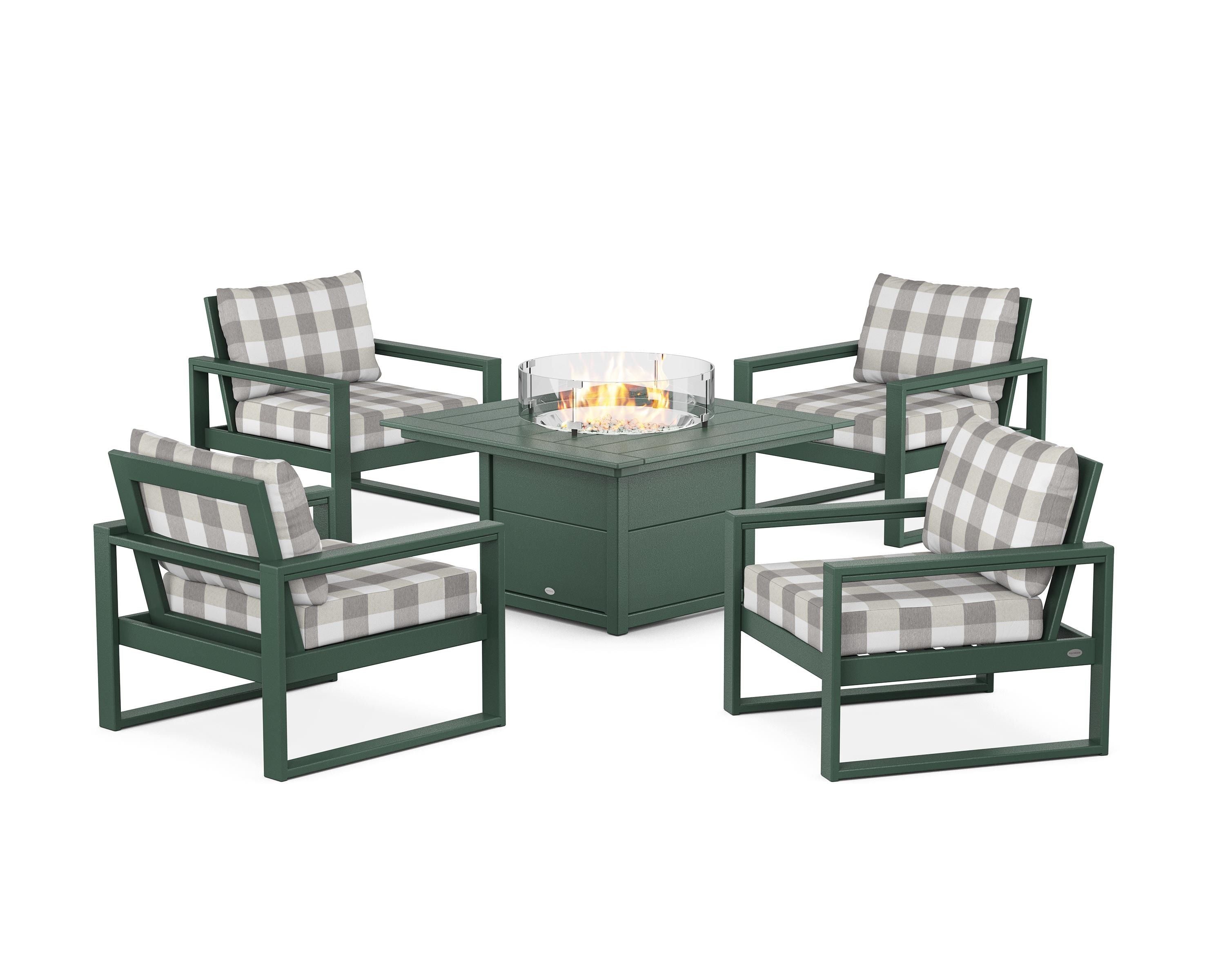 POLYWOOD® EDGE Sectional 5-Piece Deep Seating Set with Fire Pit Table in Green / Buffalo Plaid Grey Mist