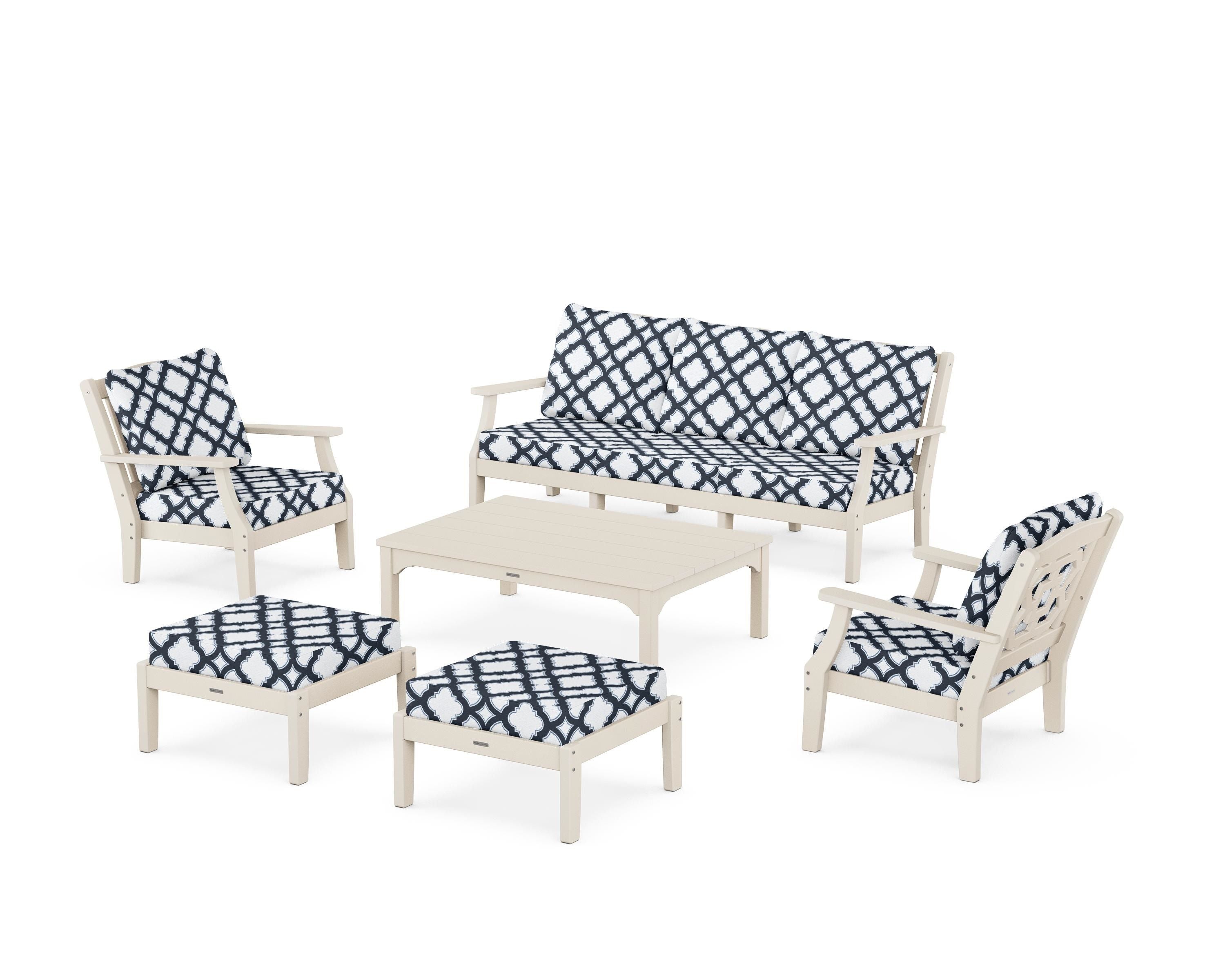 Martha Stewart by POLYWOOD® Chinoiserie 6-Piece Lounge Sofa Set in Sand / Trellis Marine Indigo
