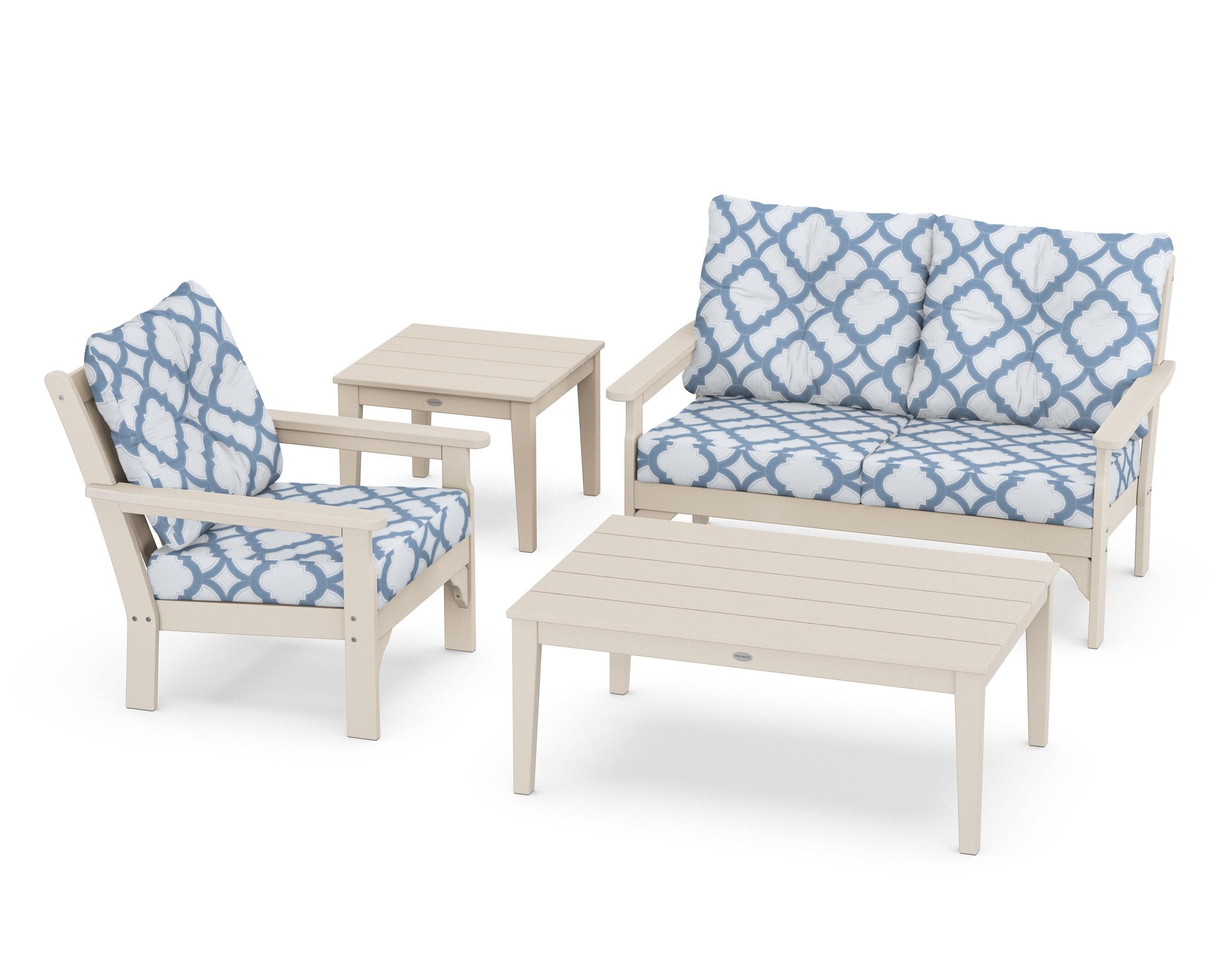 POLYWOOD® Vineyard 4-Piece Deep Seating Set in Sand / Trellis Sky Blue