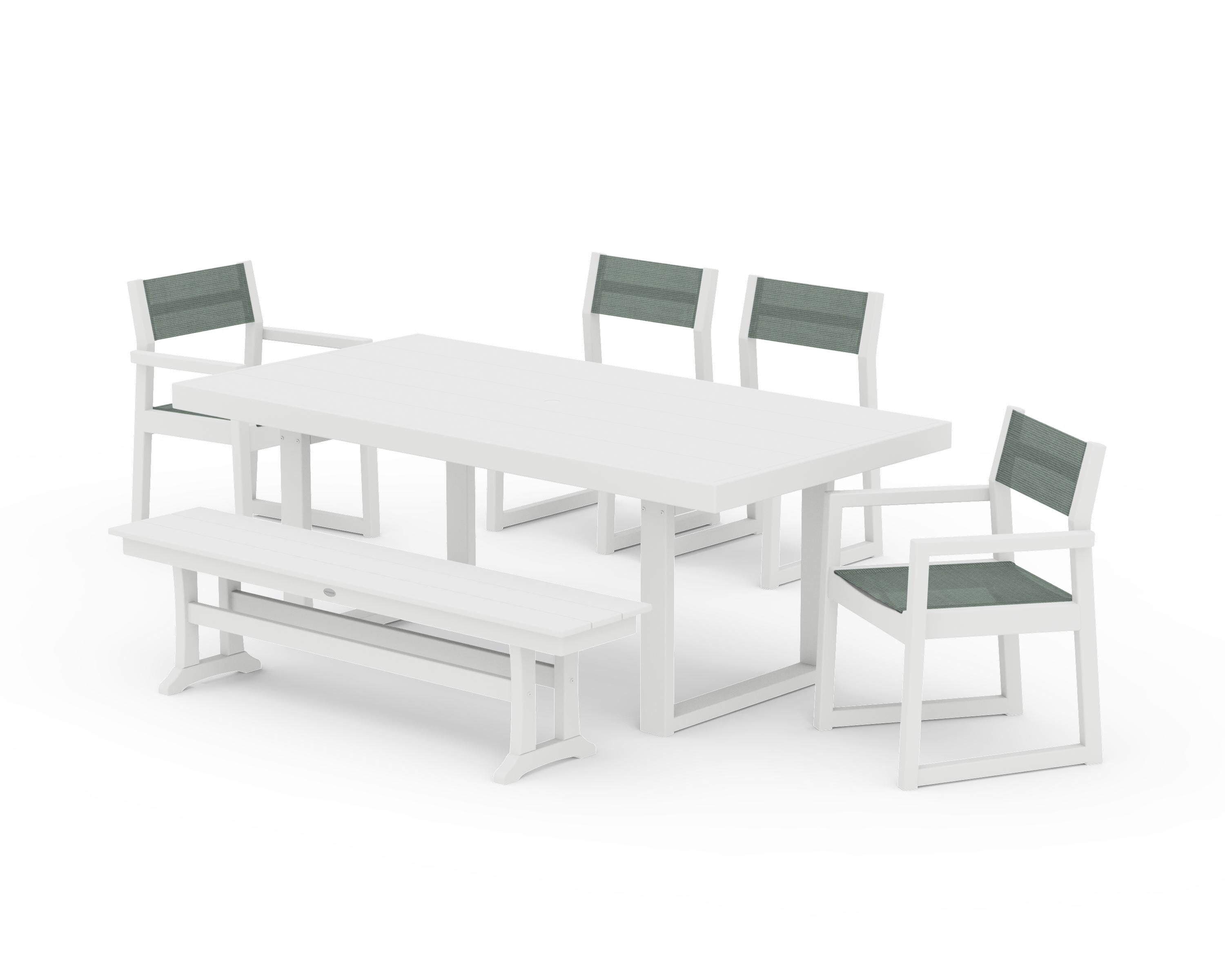 POLYWOOD® EDGE Sling 6-Piece Dining Set with Bench in White / Dupioni Sea Mist Sling