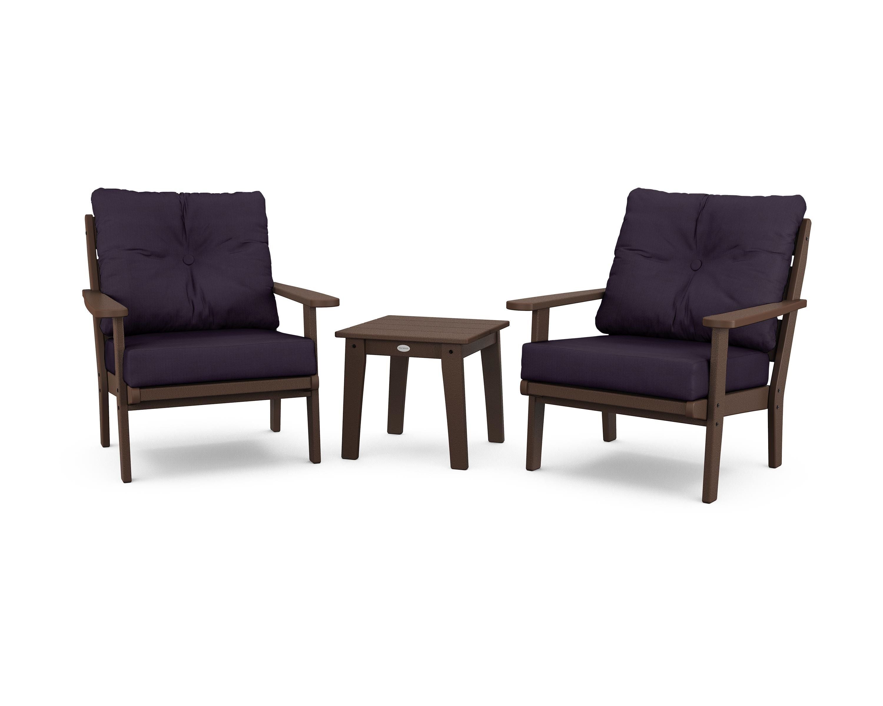 POLYWOOD® Lakeside 3-Piece Deep Seating Chair Set in Mahogany / Navy Linen