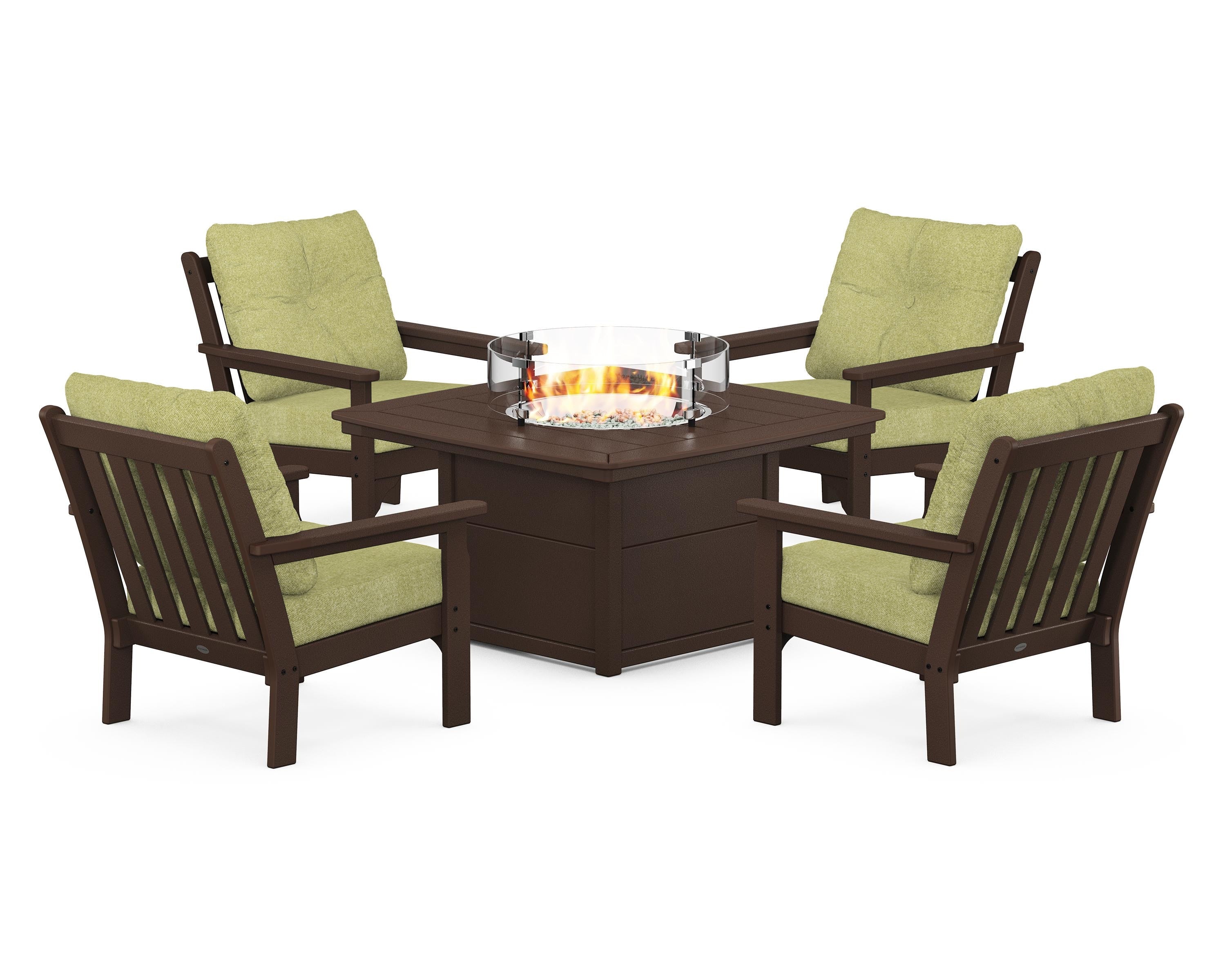 POLYWOOD® Vineyard 5-Piece Conversation Set with Fire Pit Table in Mahogany / Chartreuse Boucle