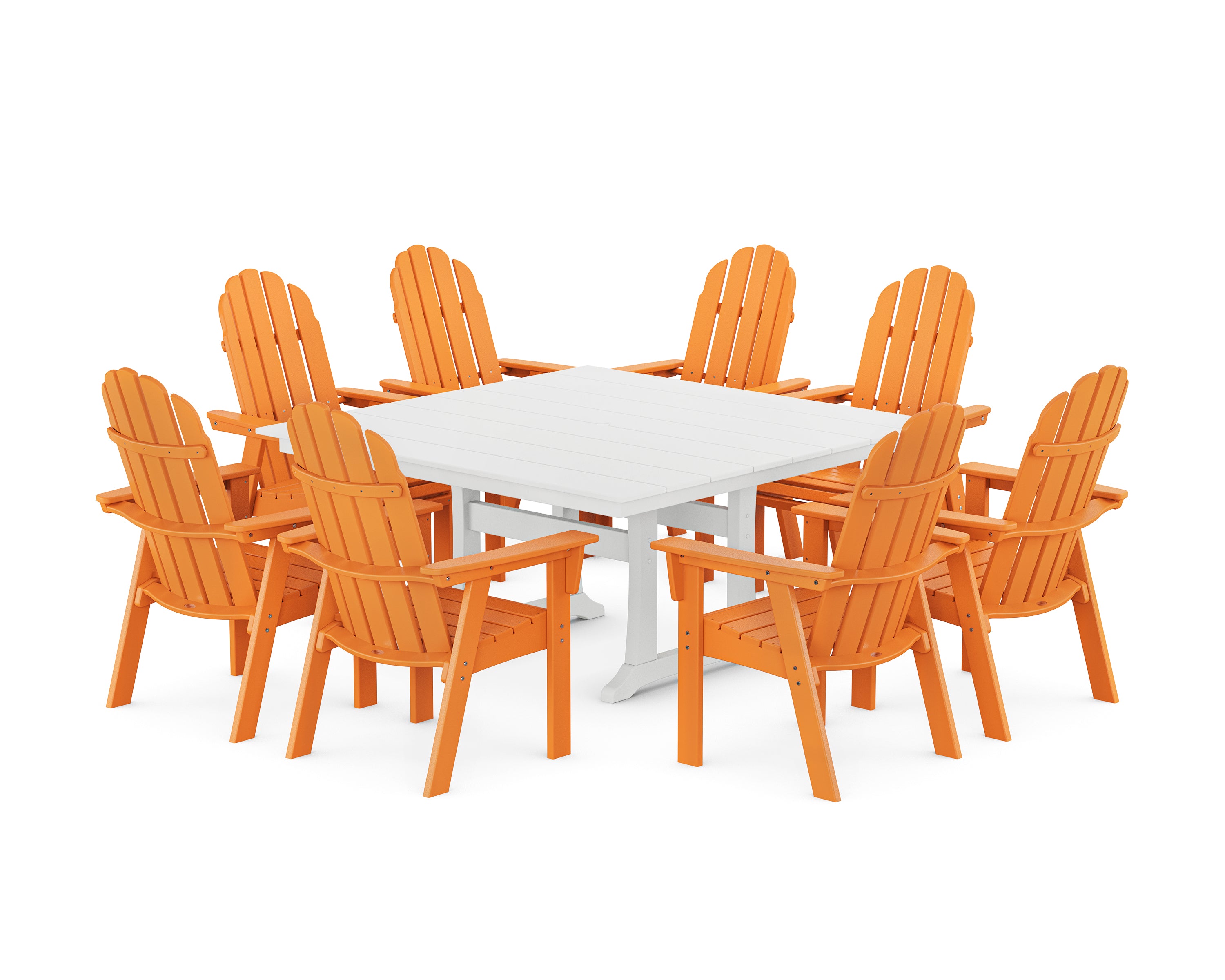 POLYWOOD® Vineyard Curveback Adirondack 9-Piece Square Farmhouse Dining Set with Trestle Legs in Tangerine / White