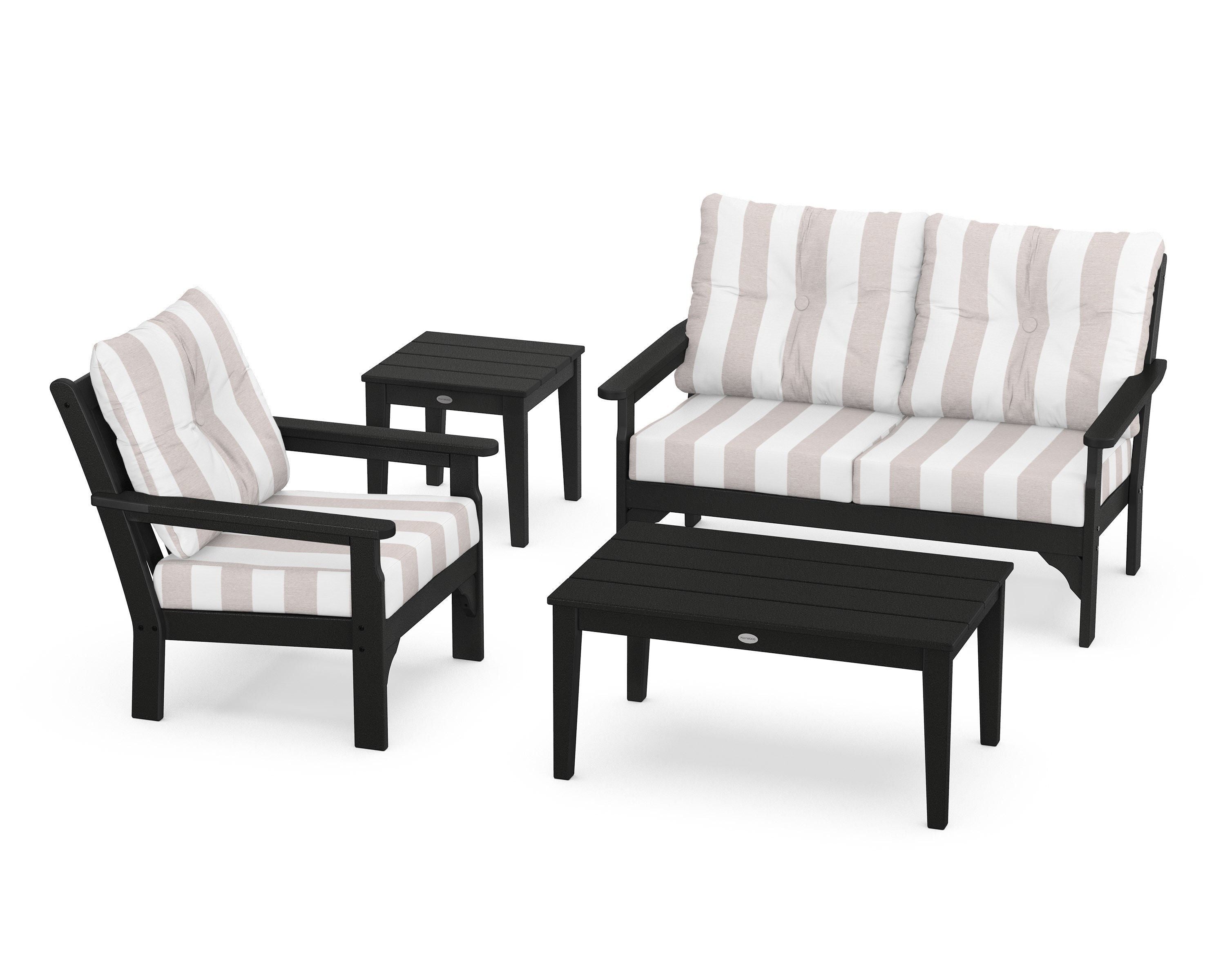 POLYWOOD® Vineyard 4-Piece Deep Seating Set in Black / Cabana Stripe Dune Burlap
