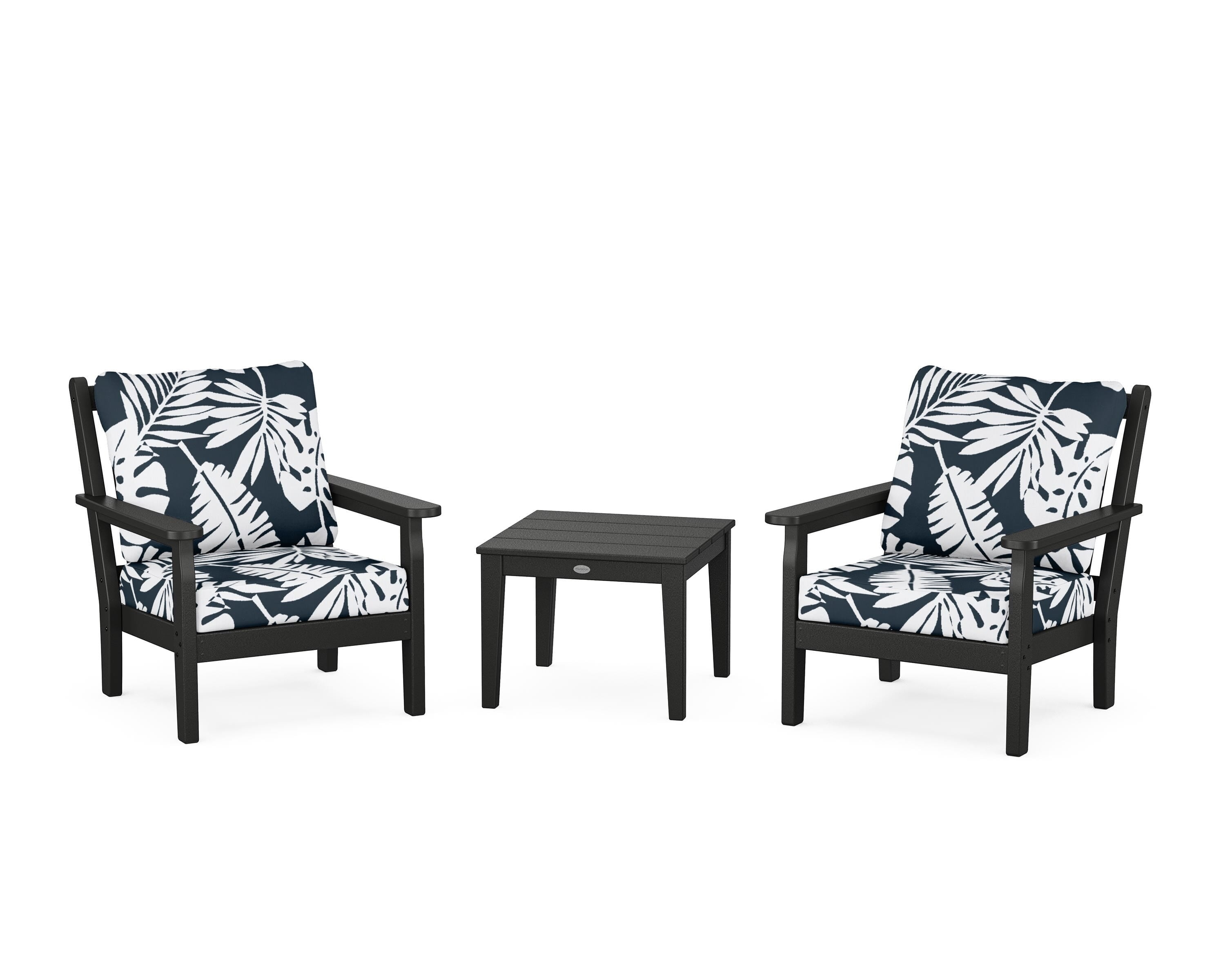POLYWOOD® Chippendale 3-Piece Deep Seating Set in Black / Leaf Marine Indigo