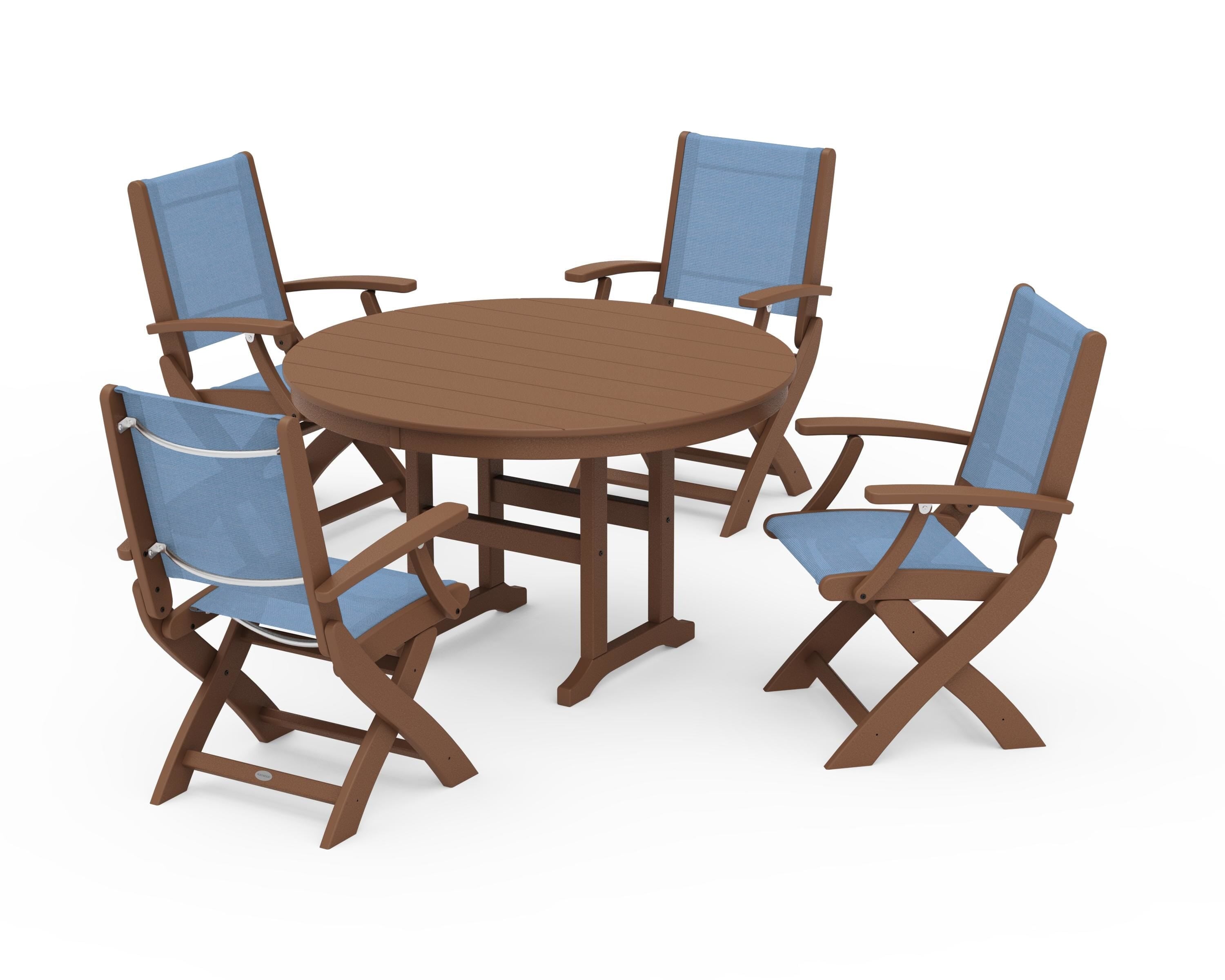 POLYWOOD® Coastal Folding Chair 5-Piece Round Dining Set in Teak / Poolside Sling