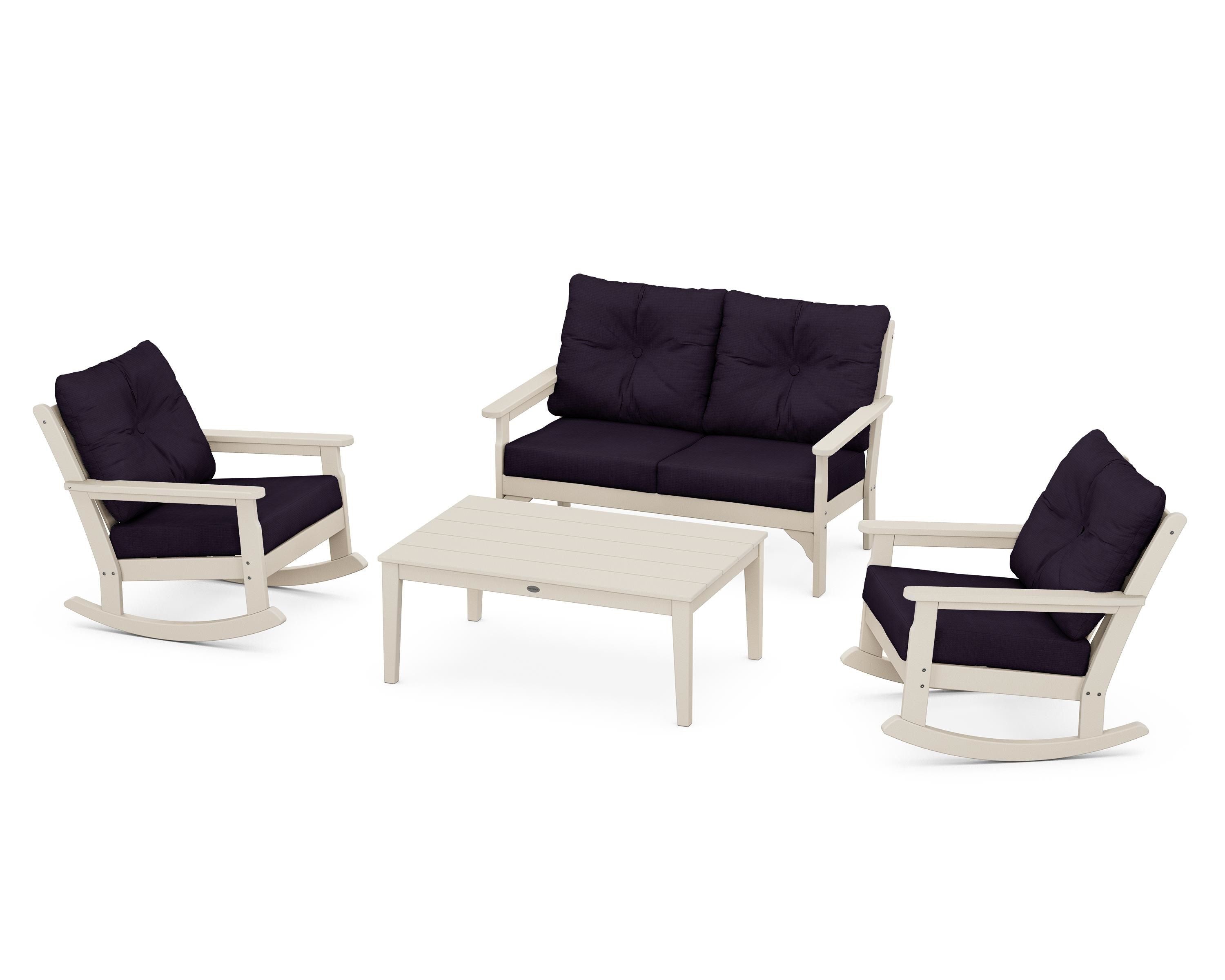 POLYWOOD® Vineyard 4-Piece Deep Seating Rocking Chair Set in Sand / Navy Linen