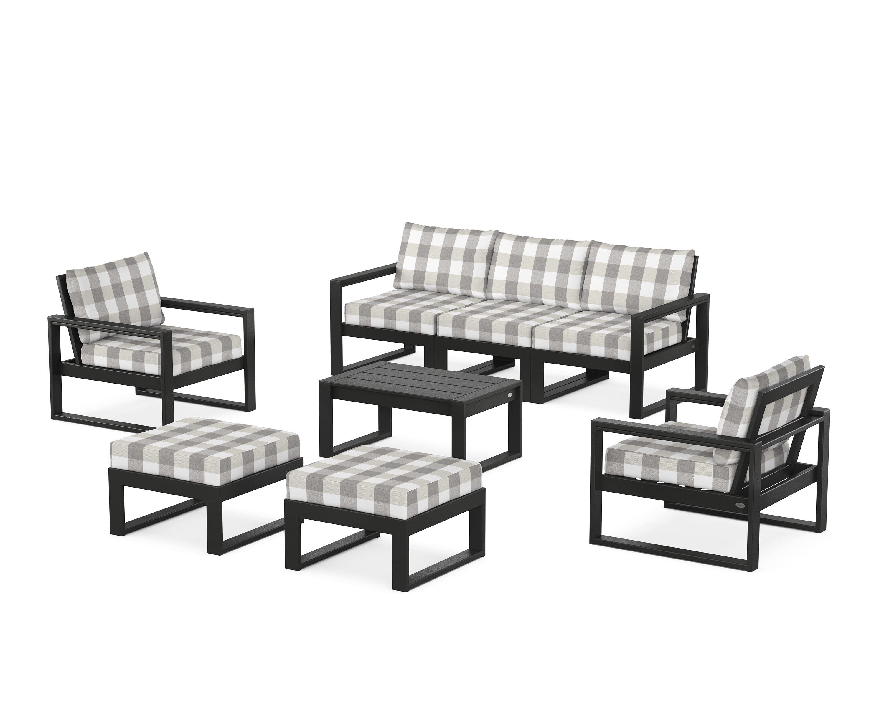 POLYWOOD® EDGE Sectional 8-Piece Lounge Sofa Set in Black / Buffalo Plaid Grey Mist