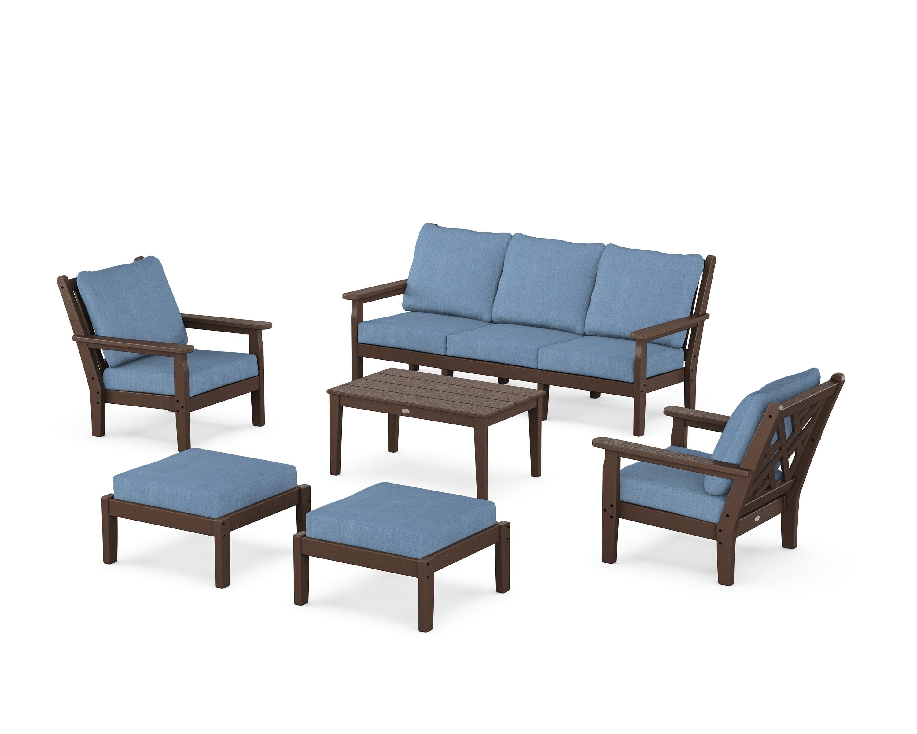 POLYWOOD® Chippendale 6-Piece Lounge Sofa Set in Mahogany / Sky Blue