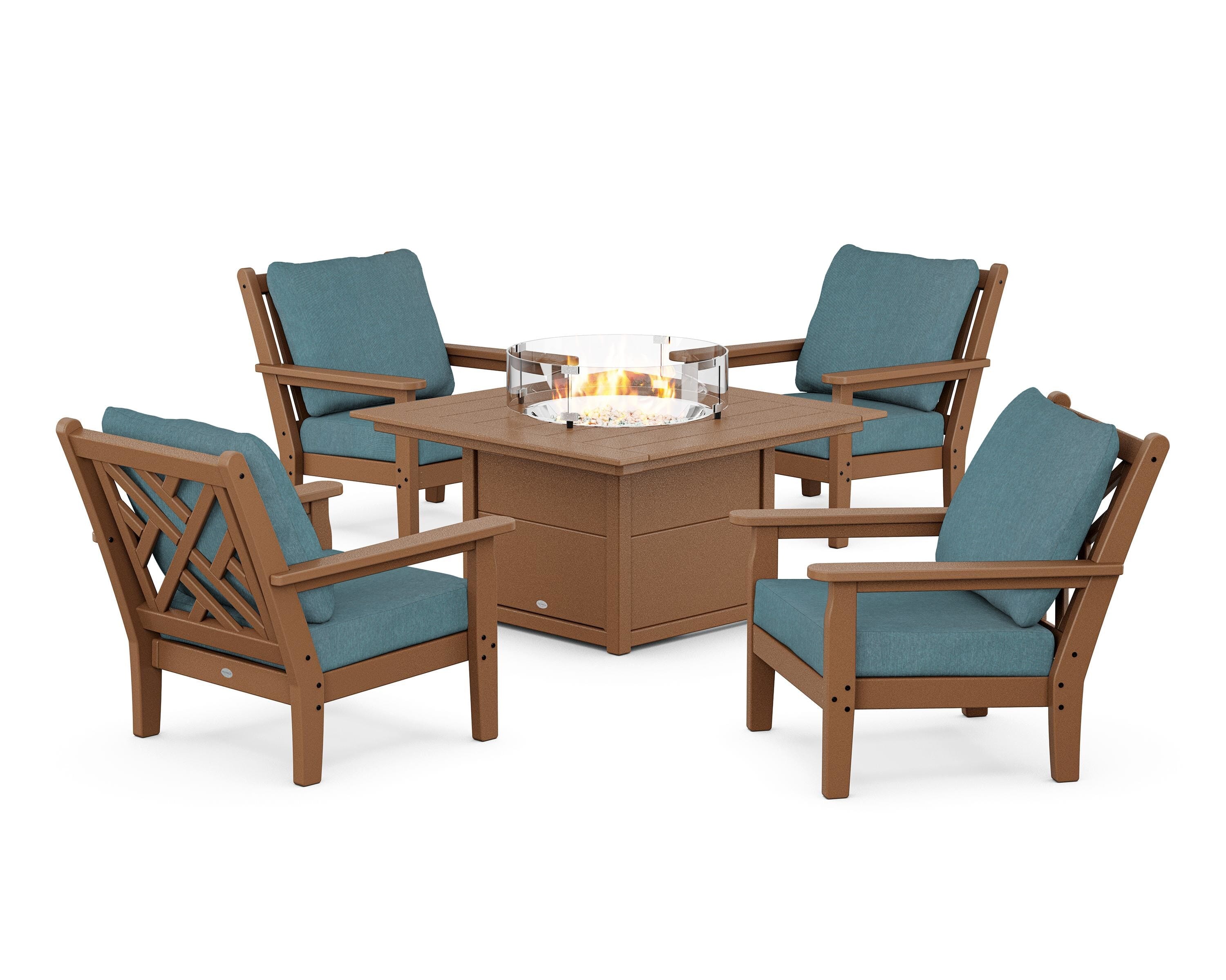 POLYWOOD® Chippendale 5-Piece Deep Seating Set with Fire Pit Table in Teak / Ocean Teal