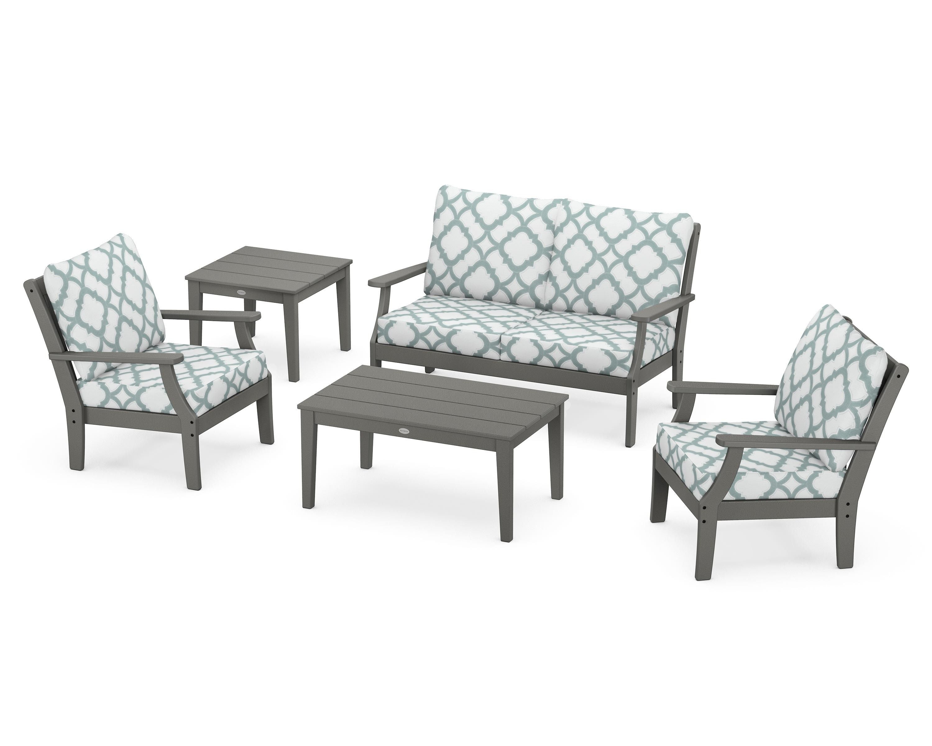 POLYWOOD® Braxton 5-Piece Deep Seating Set in Slate Grey / Trellis Glacier Spa