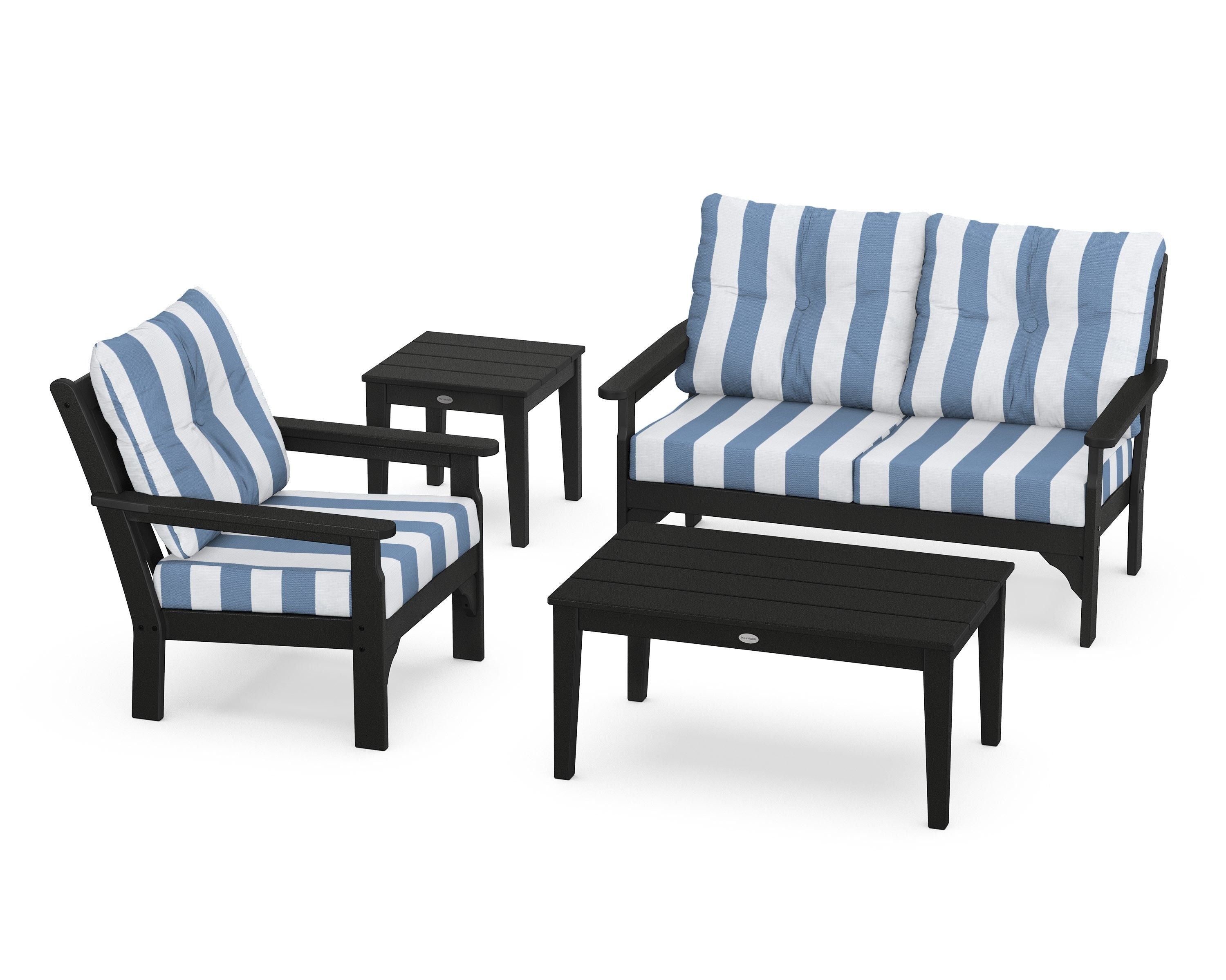 POLYWOOD® Vineyard 4-Piece Deep Seating Set in Black / Cabana Stripe Sky Blue