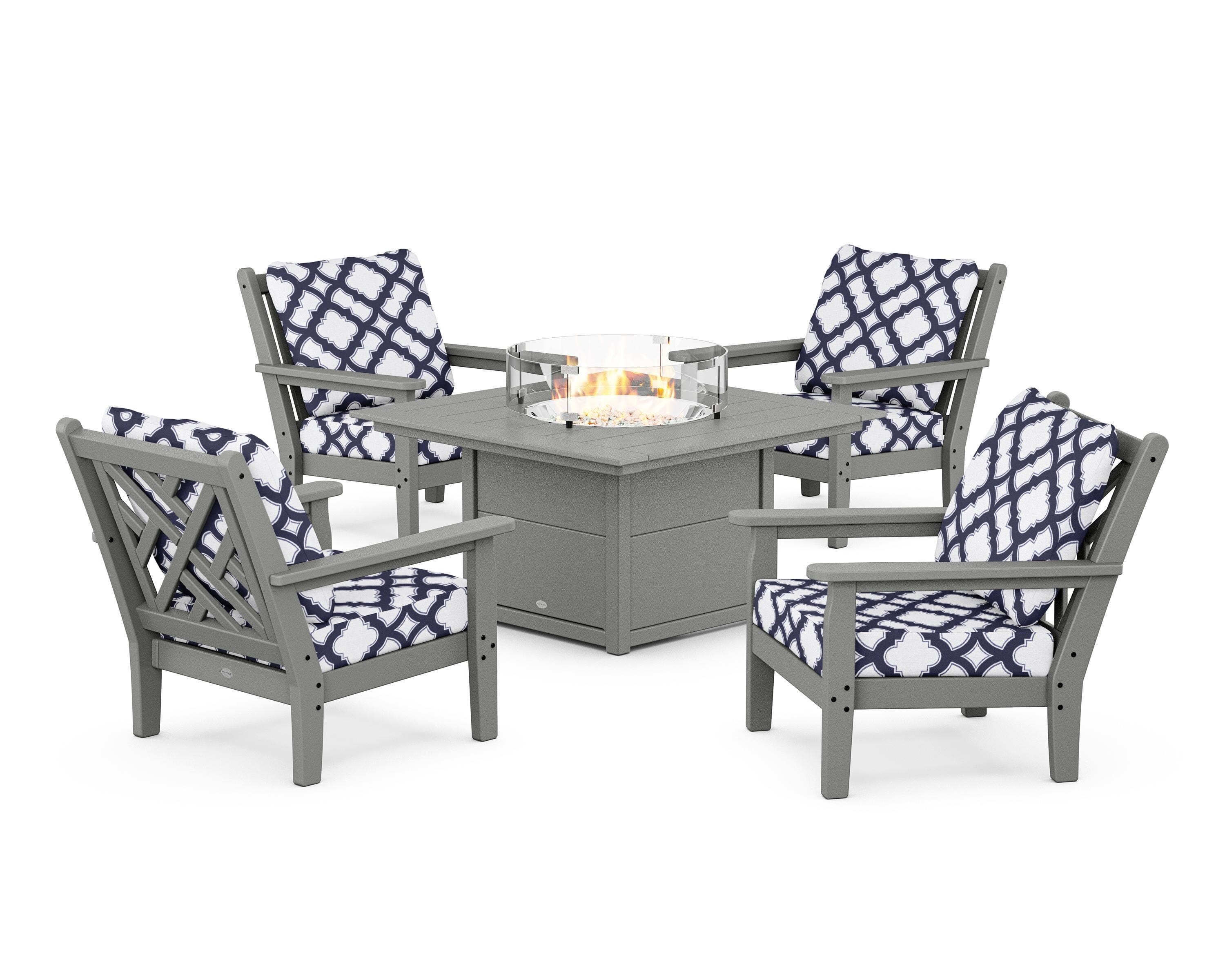 POLYWOOD® Chippendale 5-Piece Deep Seating Set with Fire Pit Table in Slate Grey / Trellis Navy