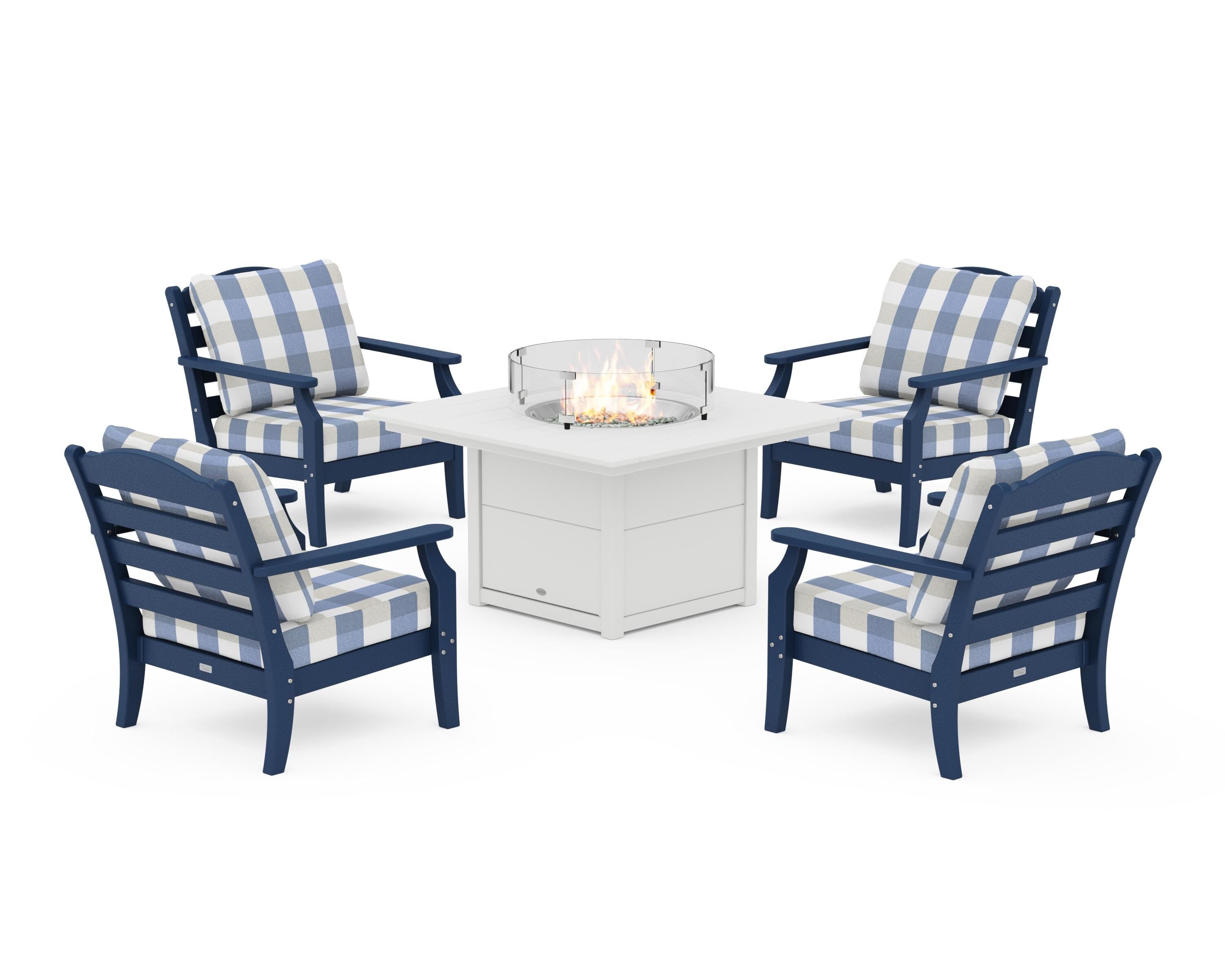 Draper James™ by POLYWOOD® Savannah 5-Piece Deep Seating Set with Fire Pit Table in Navy / Buffalo Plaid Sky Blue