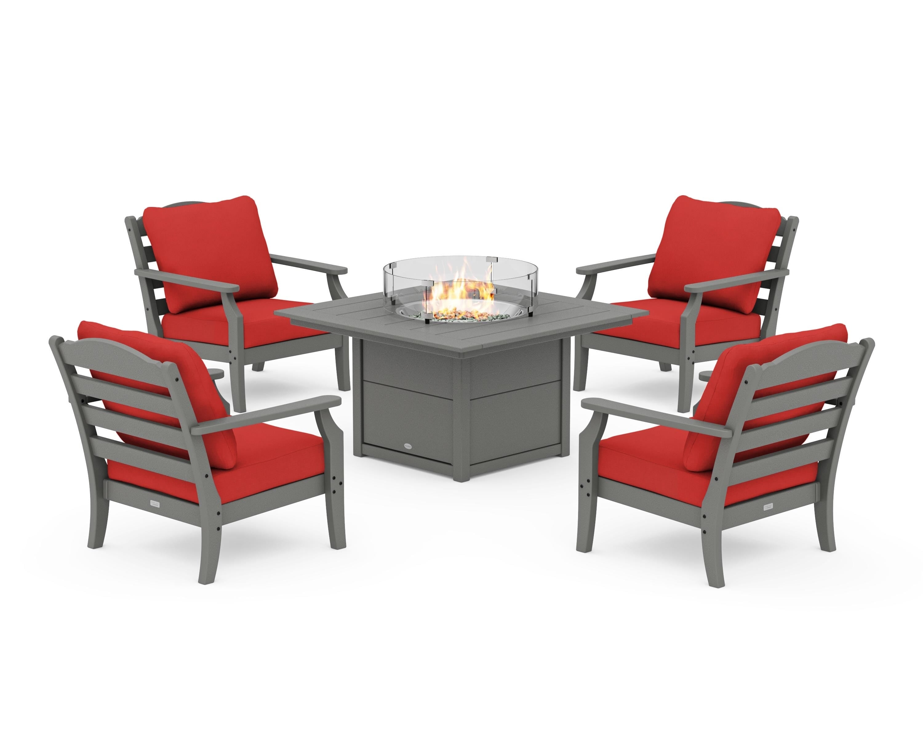 Draper James™ by POLYWOOD® Savannah 5-Piece Deep Seating Set with Fire Pit Table in Slate Grey / Crimson Linen